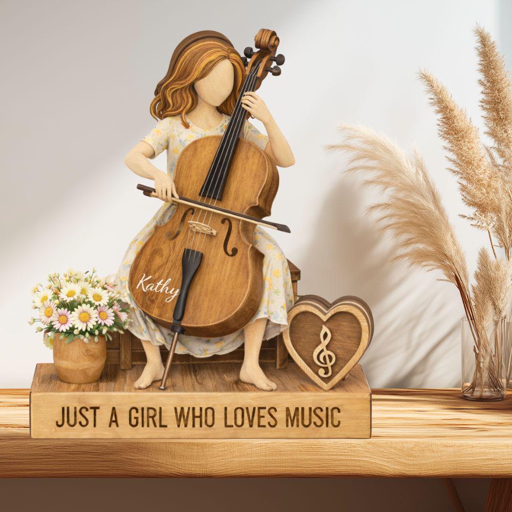 Personalized Cello Girl Wooden Block Figurine, Cello Player Gift For Daughter, Cello Lover Gift, Just A Girl Love Music Room Display Decor