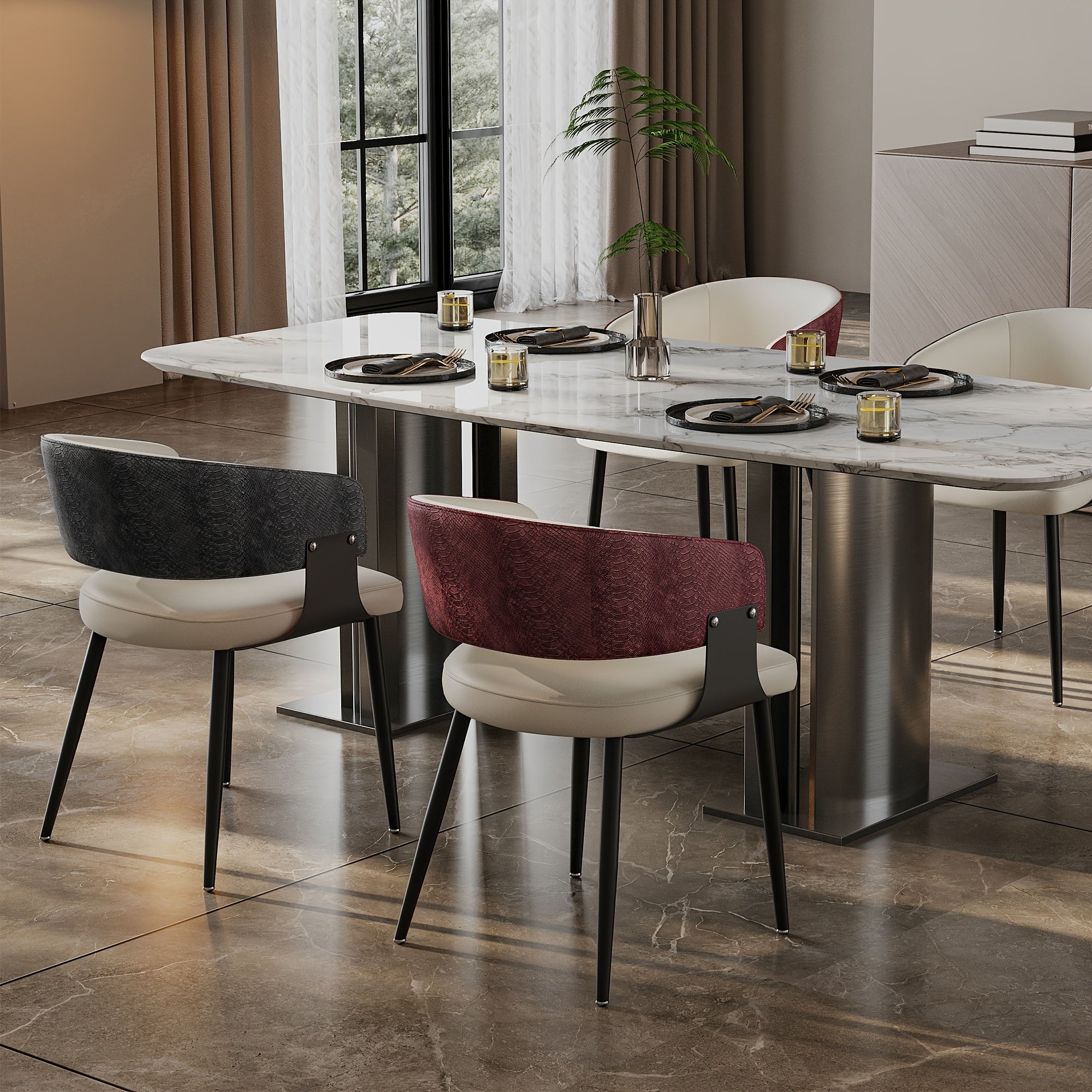 AESOME Mid-Century Dining Chairs Set of 2 Crocodile-Textured Back Upholstered Kitchen Chairs for Living Room Lounge, Luxury Microfiber Faux Leather Dining Room Chair, Easy Assembly (Chairs Solely)