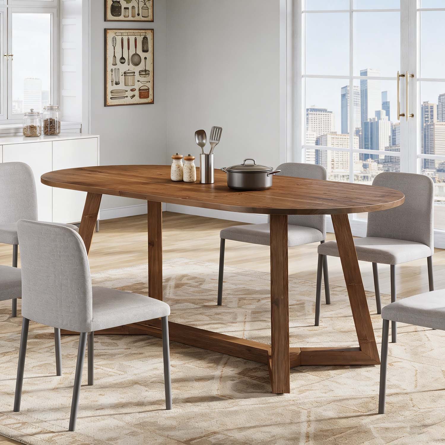 63-Inch Rustic Brown Solid Wood Oval Dining Table - A Farmhouse Kitchen Table Featuring Sturdy Tapered Legs, an Essential Home Piece for 4-6 Individuals, Ideal for Living Rooms, Dining Areas & Offices, A Perfect Gift for Daily Use