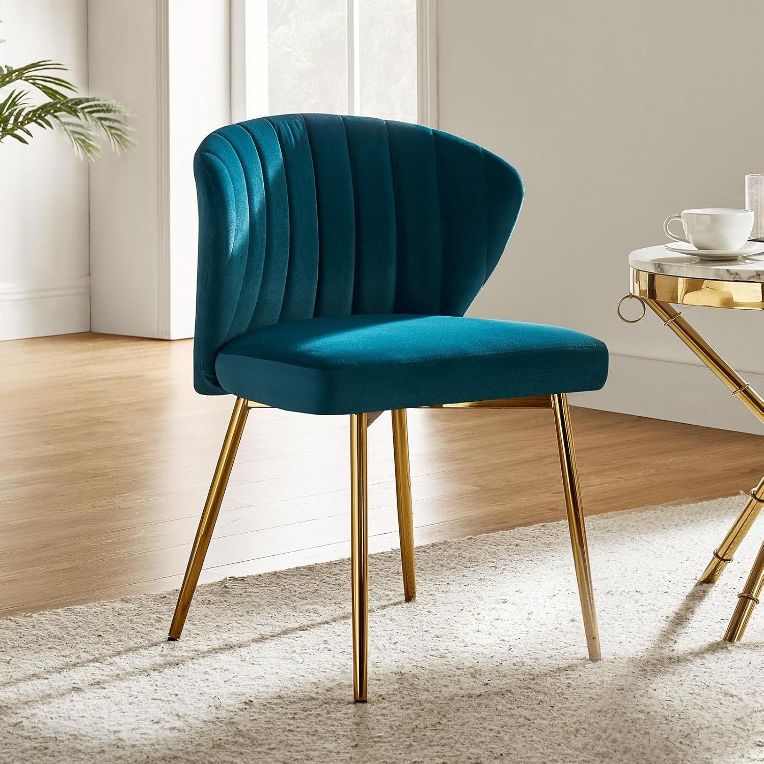 Contemporary Velvet Dining Chair, Compact Vanity Chair with Backrest, Stylish Metal Legs, Chic Tufted Armless Accent Chair for Living Room, Upholstered Adorable Side Chair for Bedroom And Beauty Room - Ivory