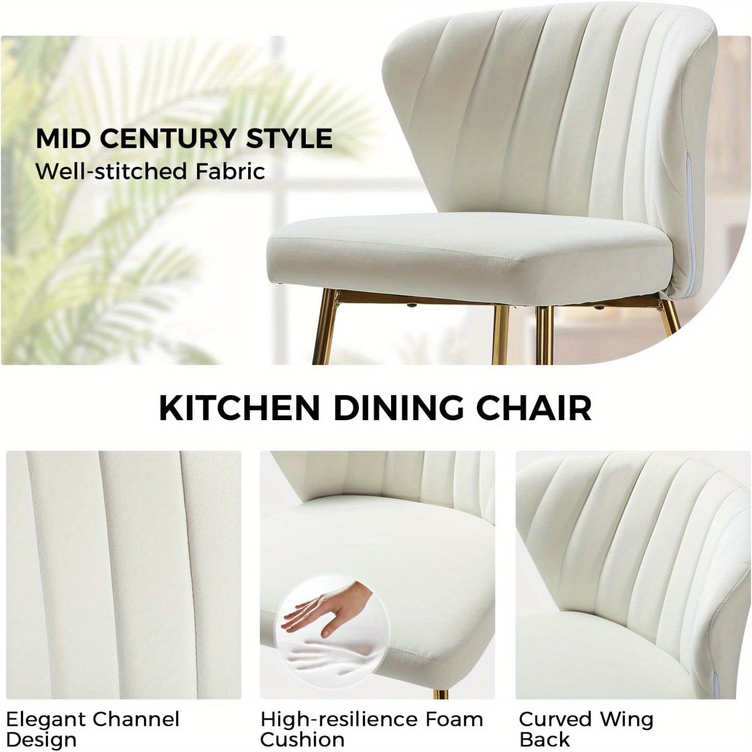 Contemporary Velvet Dining Chair, Compact Vanity Chair with Backrest, Stylish Metal Legs, Chic Tufted Armless Accent Chair for Living Room, Upholstered Adorable Side Chair for Bedroom And Beauty Room - Ivory