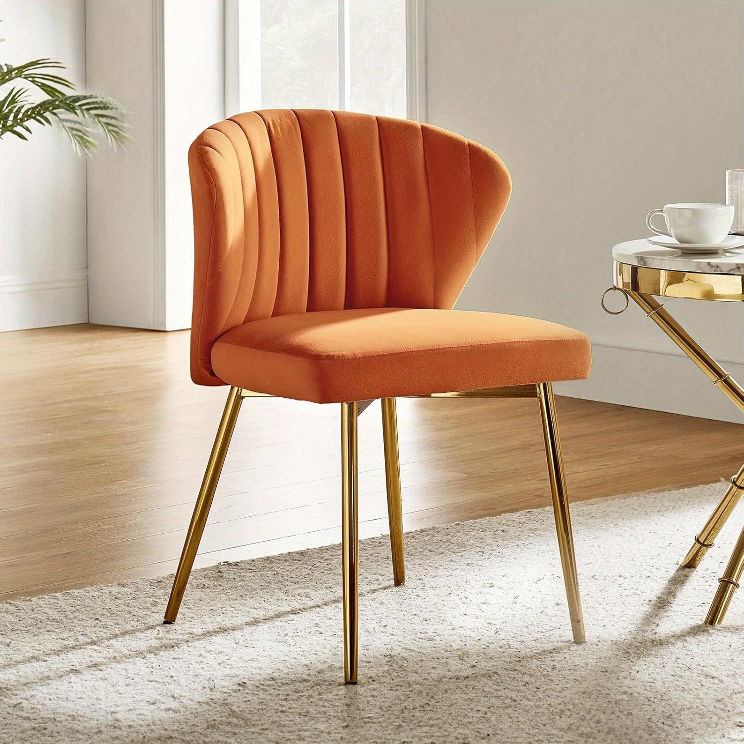 Contemporary Velvet Dining Chair, Compact Vanity Chair with Backrest, Stylish Metal Legs, Chic Tufted Armless Accent Chair for Living Room, Upholstered Adorable Side Chair for Bedroom And Beauty Room - Ivory
