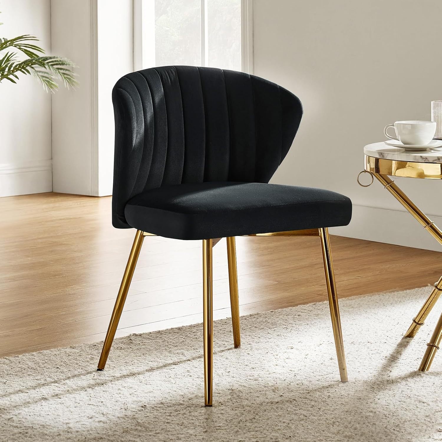 Contemporary Velvet Dining Chair, Compact Vanity Chair with Backrest, Stylish Metal Legs, Chic Tufted Armless Accent Chair for Living Room, Upholstered Adorable Side Chair for Bedroom And Beauty Room - Ivory
