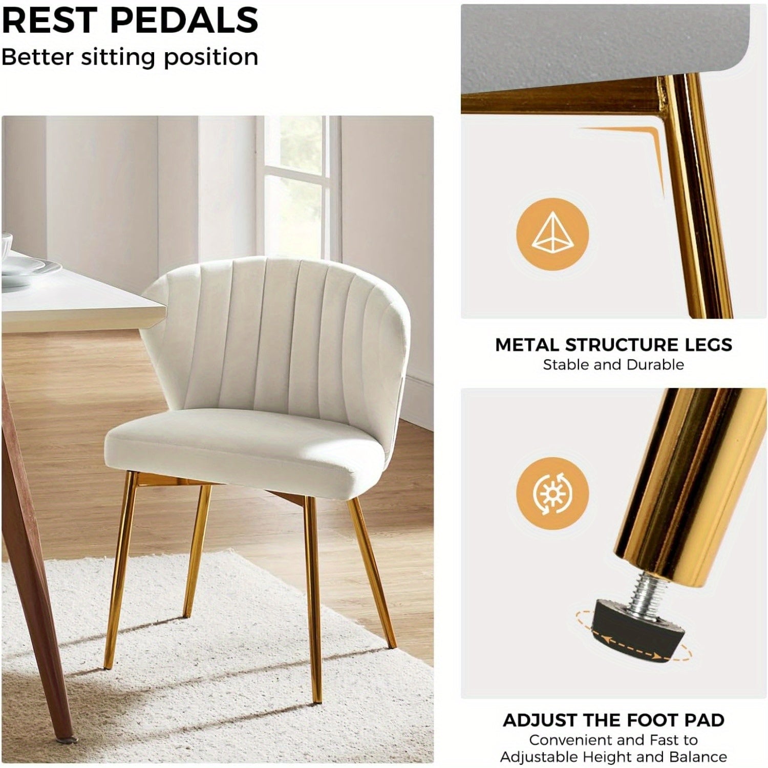 Contemporary Velvet Dining Chair, Compact Vanity Chair with Backrest, Stylish Metal Legs, Chic Tufted Armless Accent Chair for Living Room, Upholstered Adorable Side Chair for Bedroom And Beauty Room - Ivory