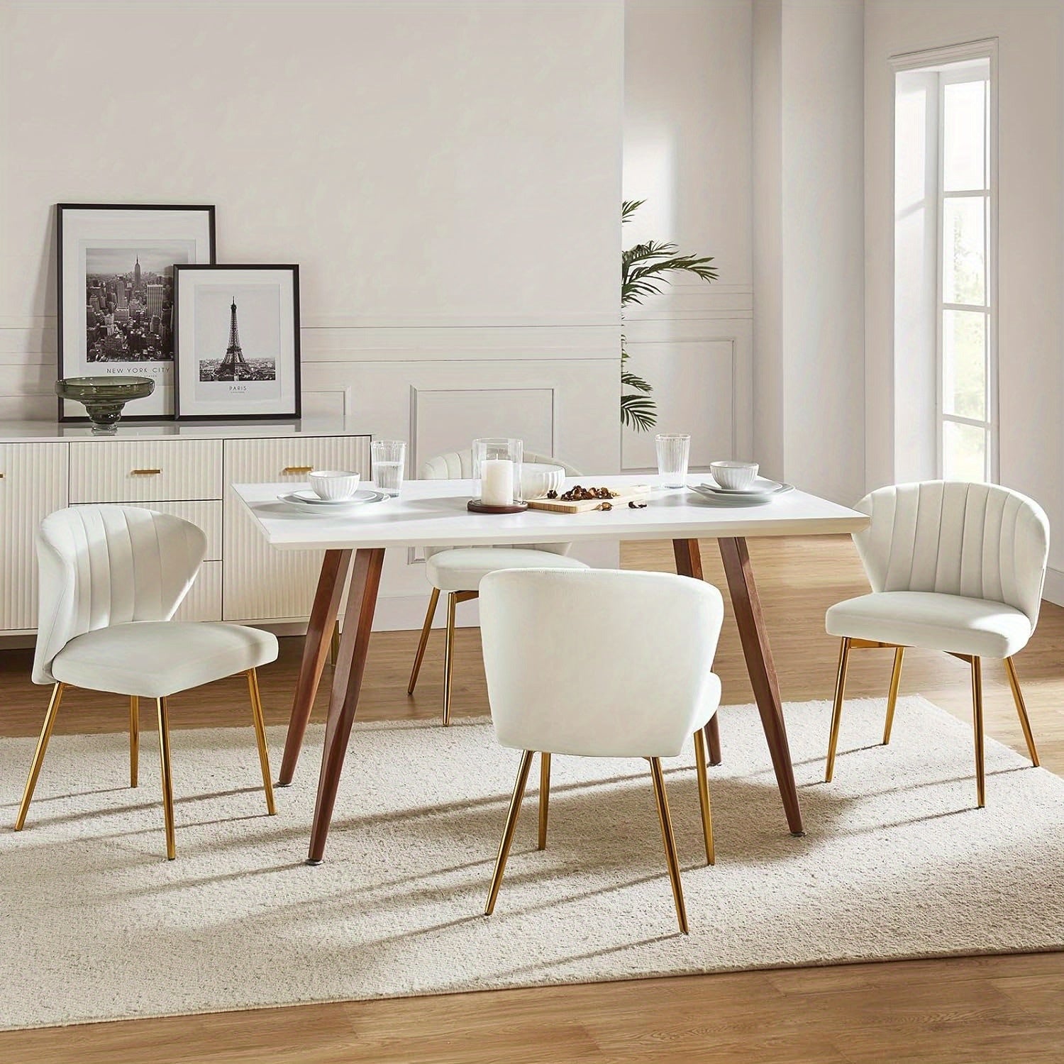 Contemporary Velvet Dining Chair, Compact Vanity Chair with Backrest, Stylish Metal Legs, Chic Tufted Armless Accent Chair for Living Room, Upholstered Adorable Side Chair for Bedroom And Beauty Room - Ivory
