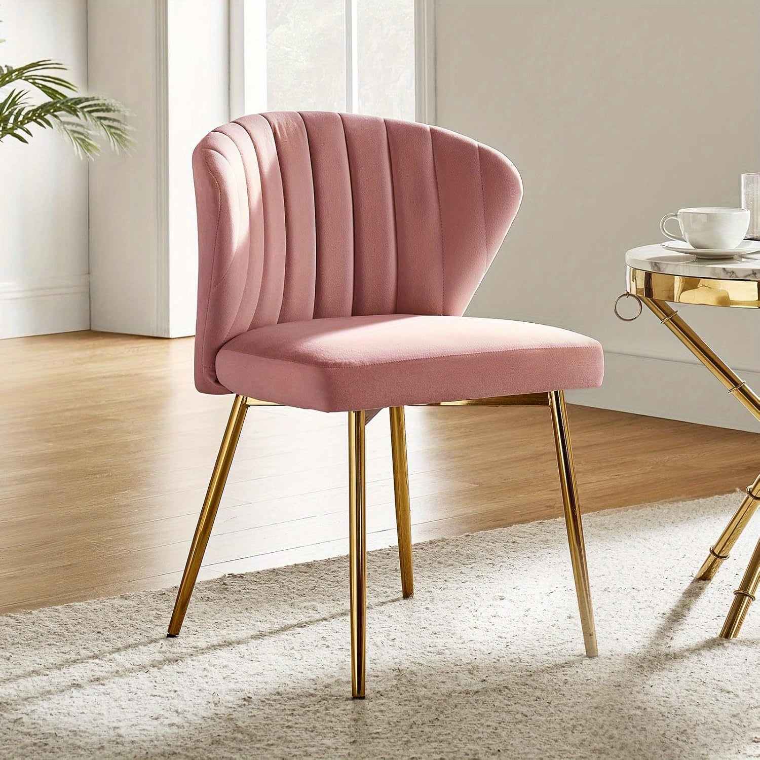 Contemporary Velvet Dining Chair, Compact Vanity Chair with Backrest, Stylish Metal Legs, Chic Tufted Armless Accent Chair for Living Room, Upholstered Adorable Side Chair for Bedroom And Beauty Room - Ivory