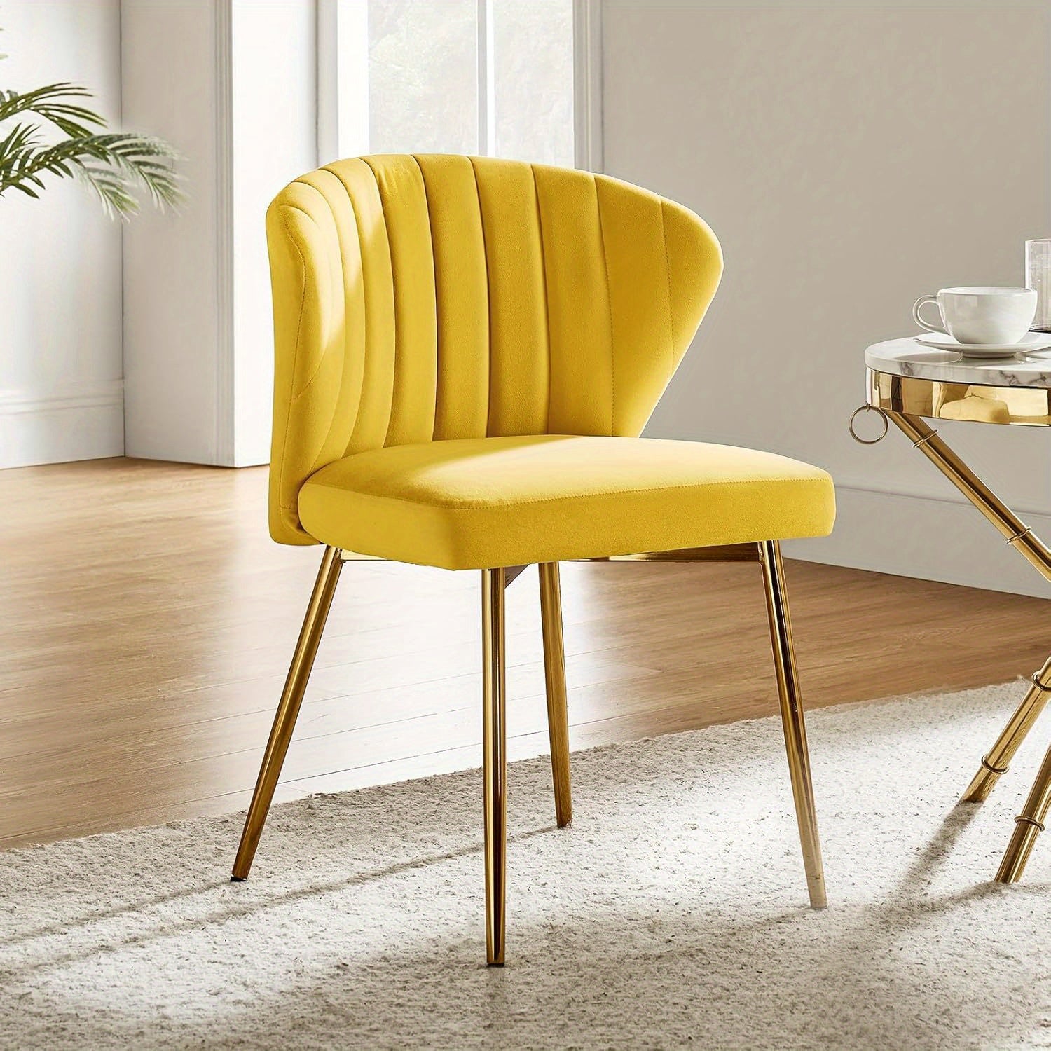 Contemporary Velvet Dining Chair, Compact Vanity Chair with Backrest, Stylish Metal Legs, Chic Tufted Armless Accent Chair for Living Room, Upholstered Adorable Side Chair for Bedroom And Beauty Room - Ivory