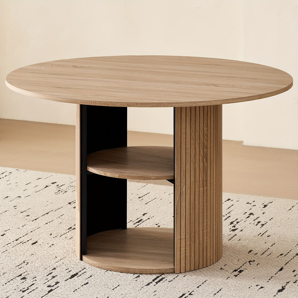 A 47-Inch Round Dining Table Suitable for Four People, Featuring a Modern Base And a Circular Design, Equipped with a Shelf for Storage, Ideal for Dining Rooms, Living Rooms, Homes, And Apartments