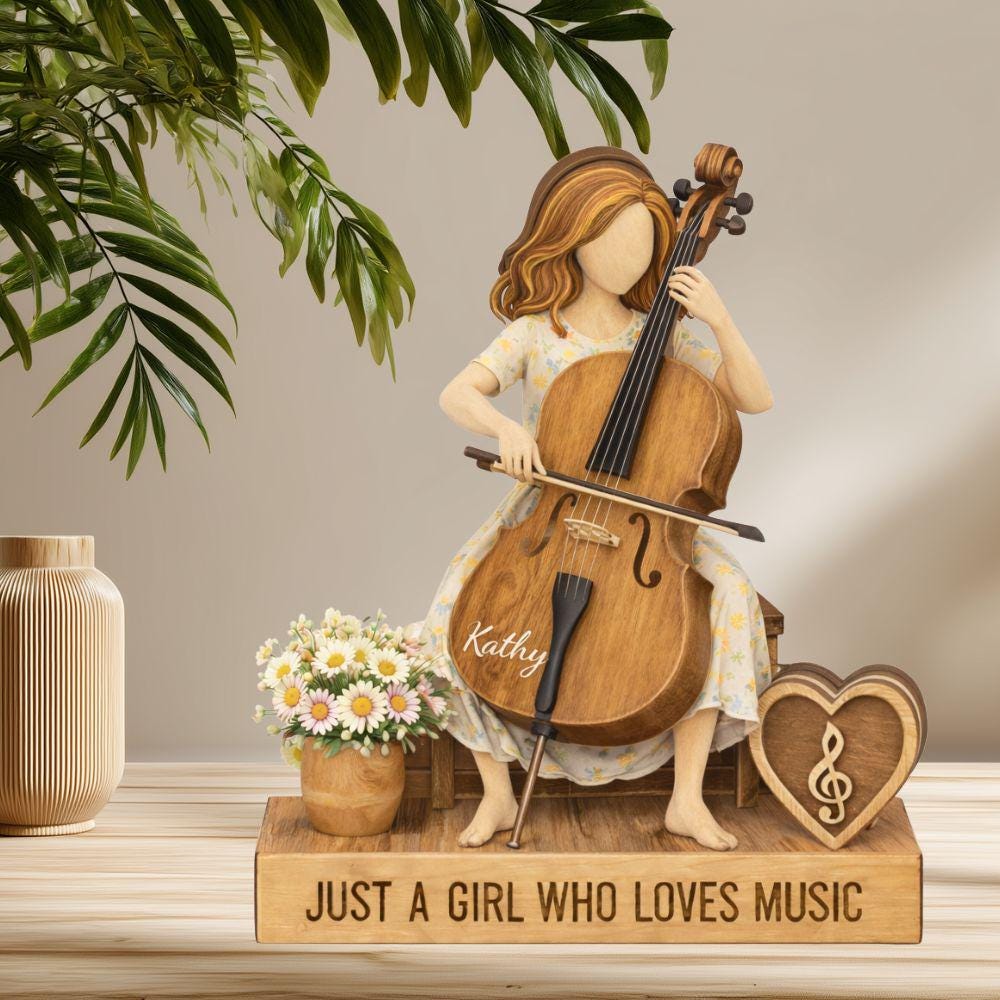 Personalized Cello Girl Wooden Block Figurine, Cello Player Gift For Daughter, Cello Lover Gift, Just A Girl Love Music Room Display Decor