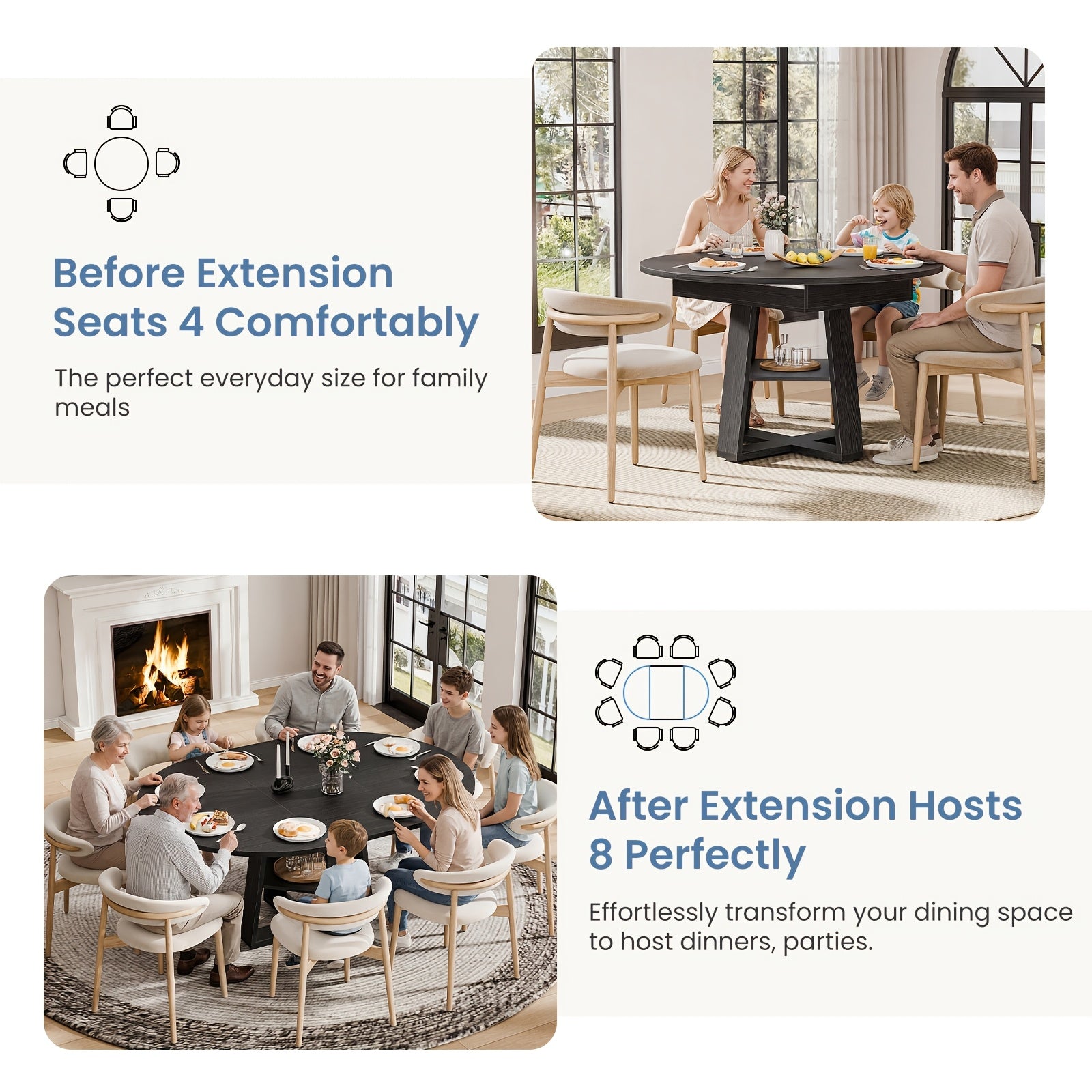 Extending Dining Table for 4 8, Space Saving with Storage Rack, Adjustable Oval Design for Kitchen And Living Room