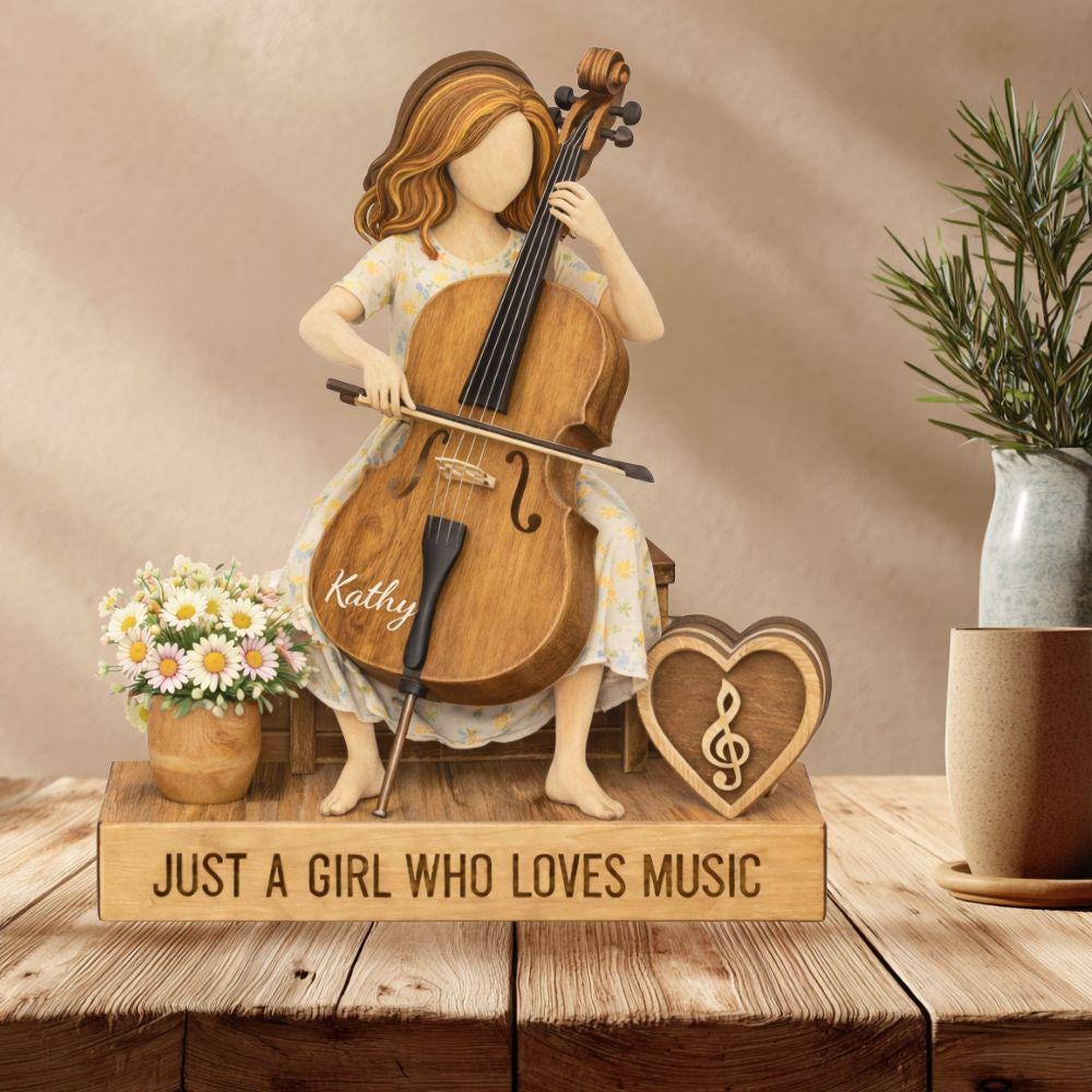 Personalized Cello Girl Wooden Block Figurine, Cello Player Gift For Daughter, Cello Lover Gift, Just A Girl Love Music Room Display Decor