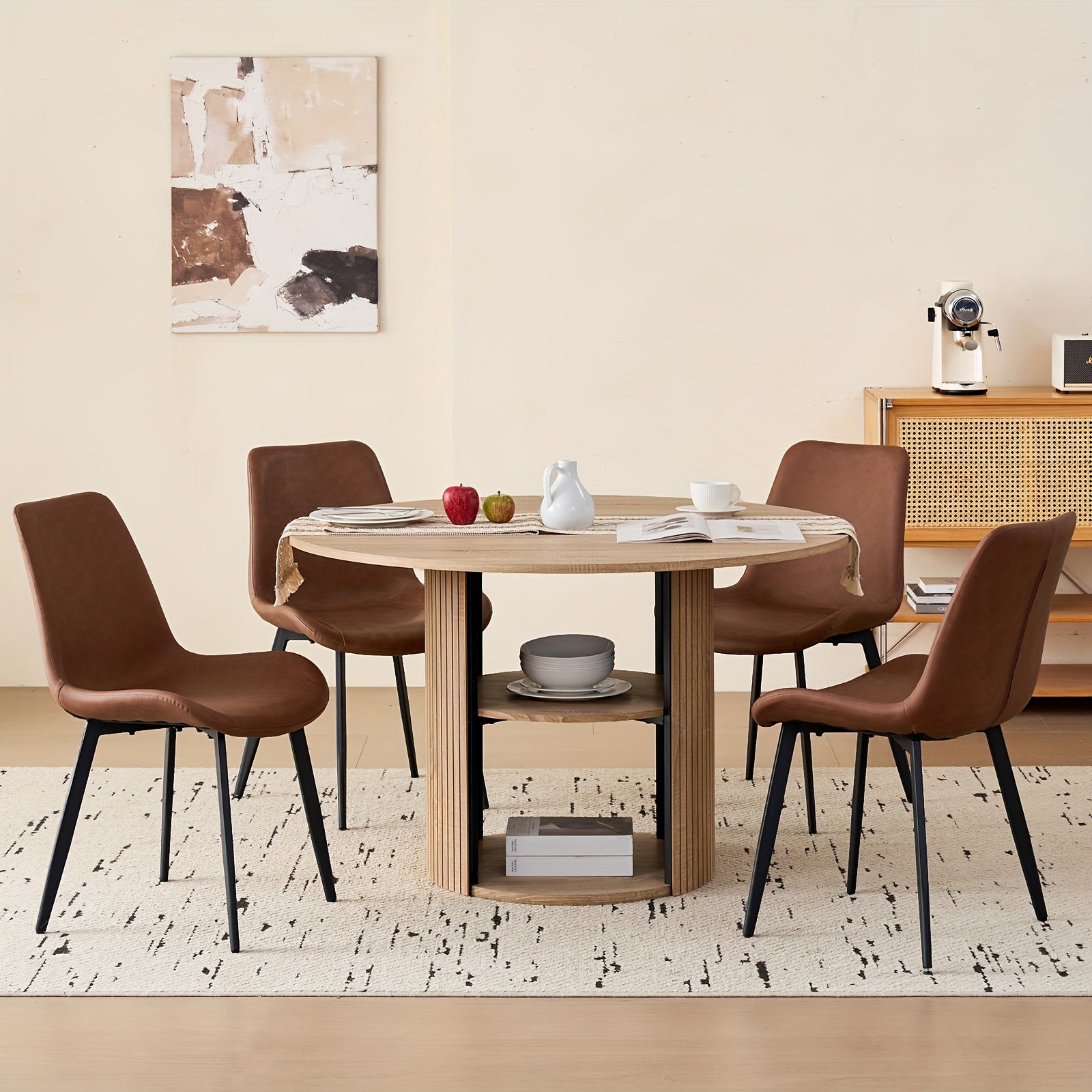 A 47-Inch Round Dining Table Suitable for Four People, Featuring a Modern Base And a Circular Design, Equipped with a Shelf for Storage, Ideal for Dining Rooms, Living Rooms, Homes, And Apartments