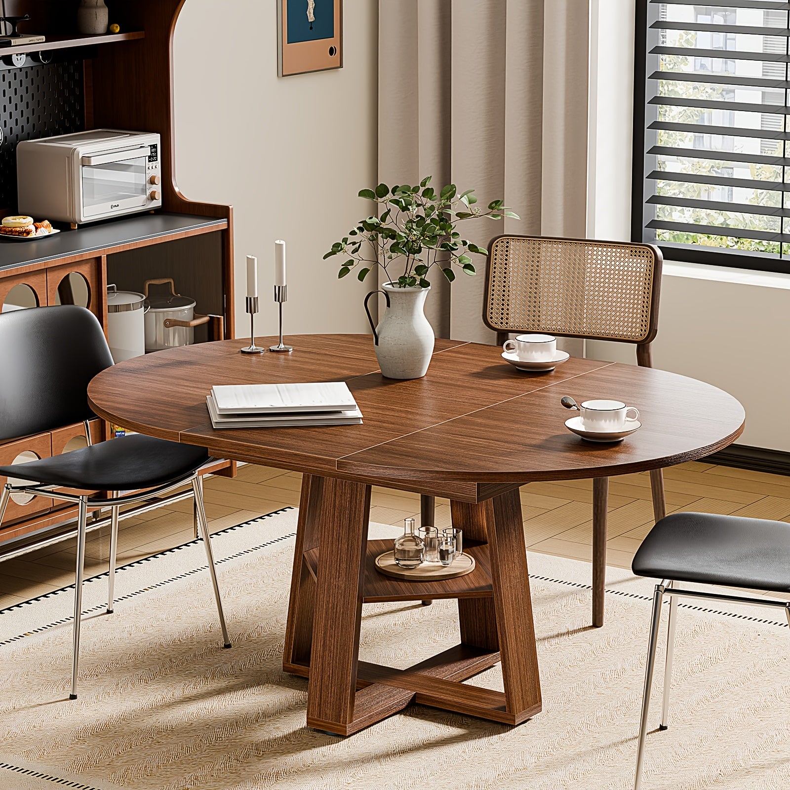 Extending Dining Table for 4 8, Space Saving with Storage Rack, Adjustable Oval Design for Kitchen And Living Room