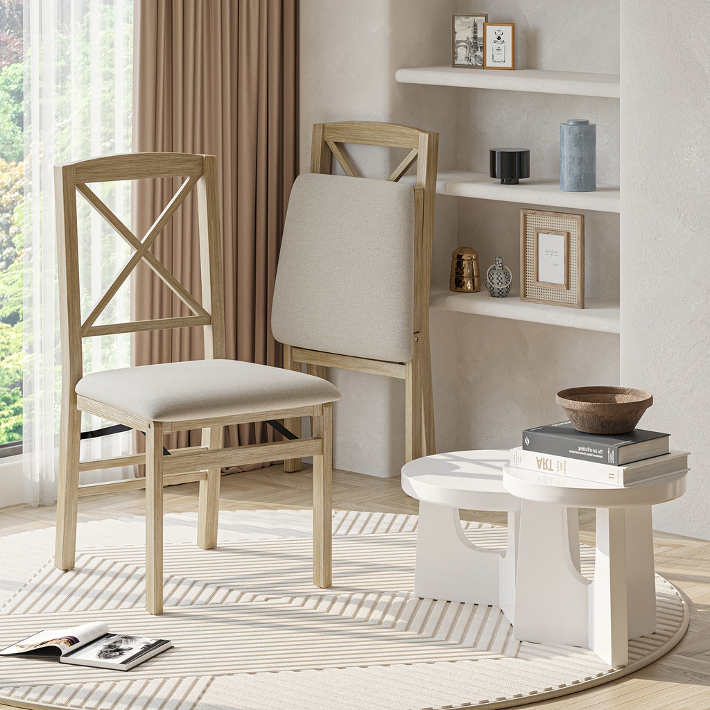 2pcs Scandinavian Style Foldable Dining Chair With Cushion | Household Dining Room Leisure Chair, Crossback Design, Linen Upholstery, Wood Color