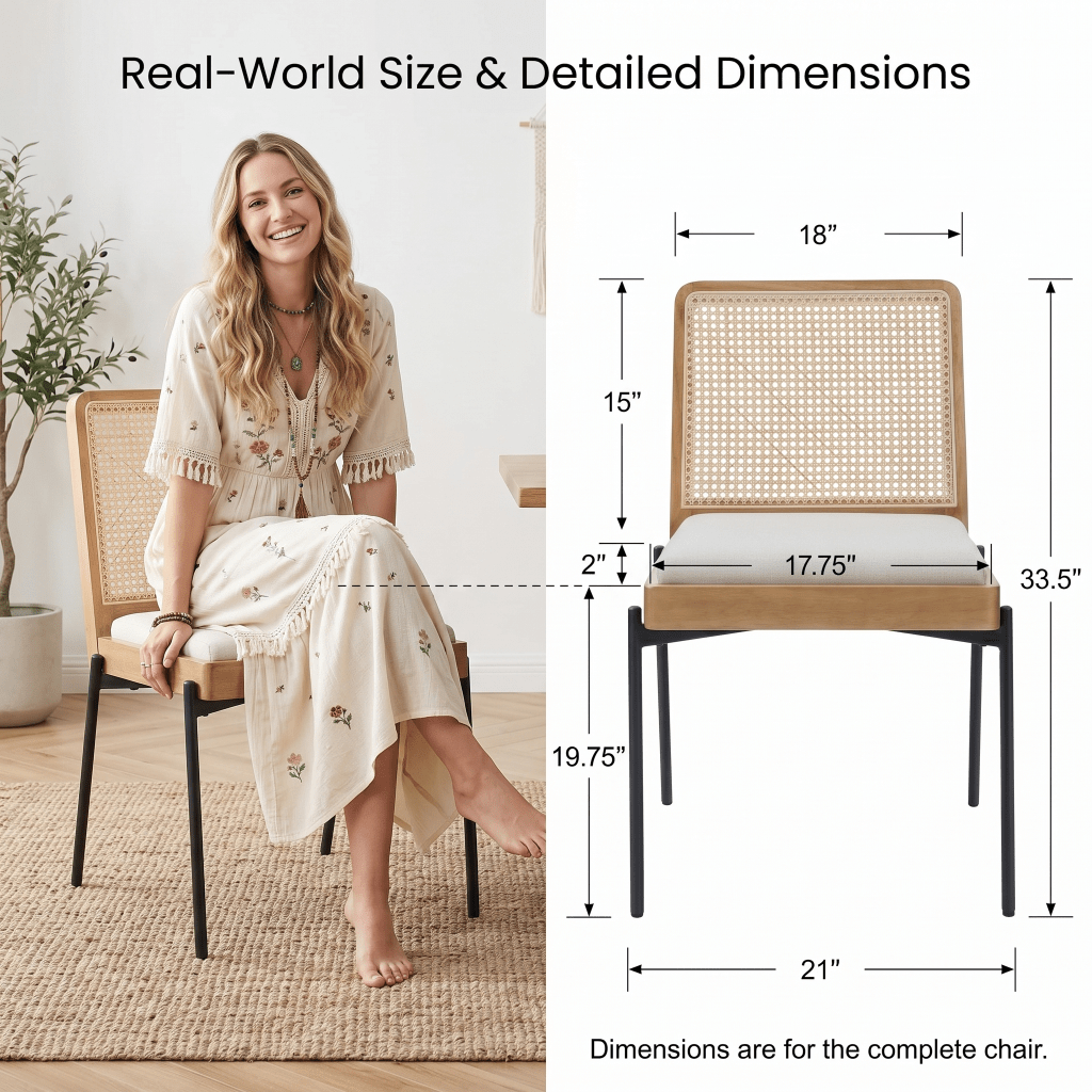 Mid Century Modern Boho Rattan Dining Chairs with Cushioned Seats & Padded Backrests - Upholstered Frame Suitable, Dining Table,, Bohemian Furniture, Assembly Required for Hard Floors