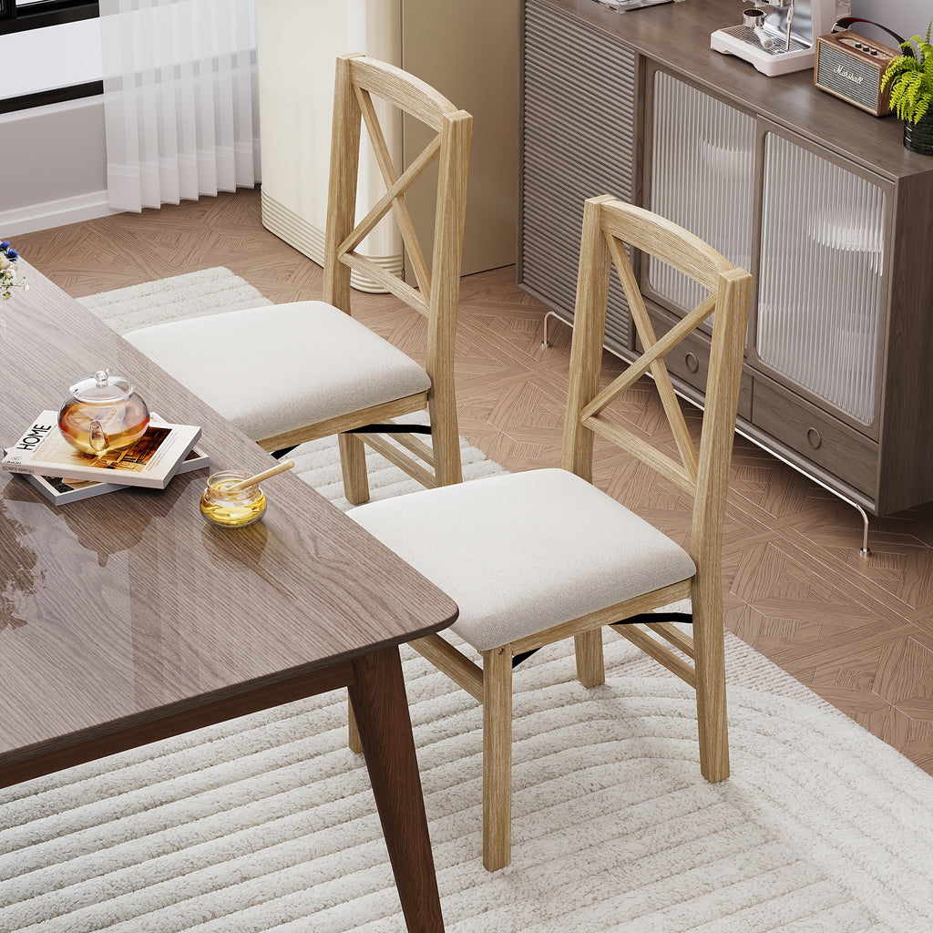 2pcs Scandinavian Style Foldable Dining Chair With Cushion | Household Dining Room Leisure Chair, Crossback Design, Linen Upholstery, Wood Color