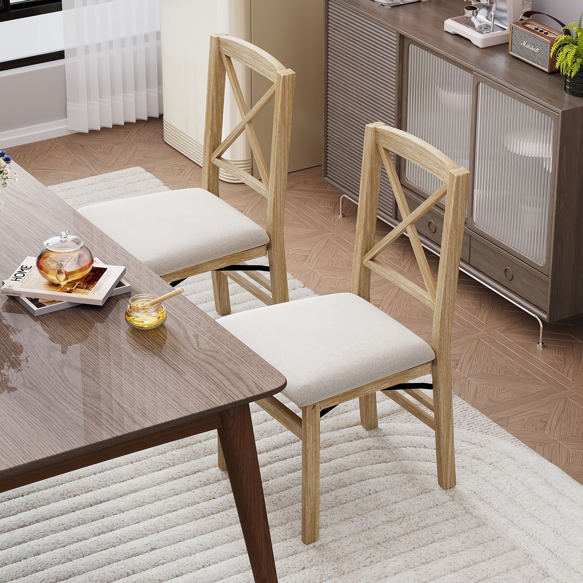 2pcs Scandinavian Style Foldable Dining Chair With Cushion | Household Dining Room Leisure Chair, Crossback Design, Linen Upholstery, Wood Color