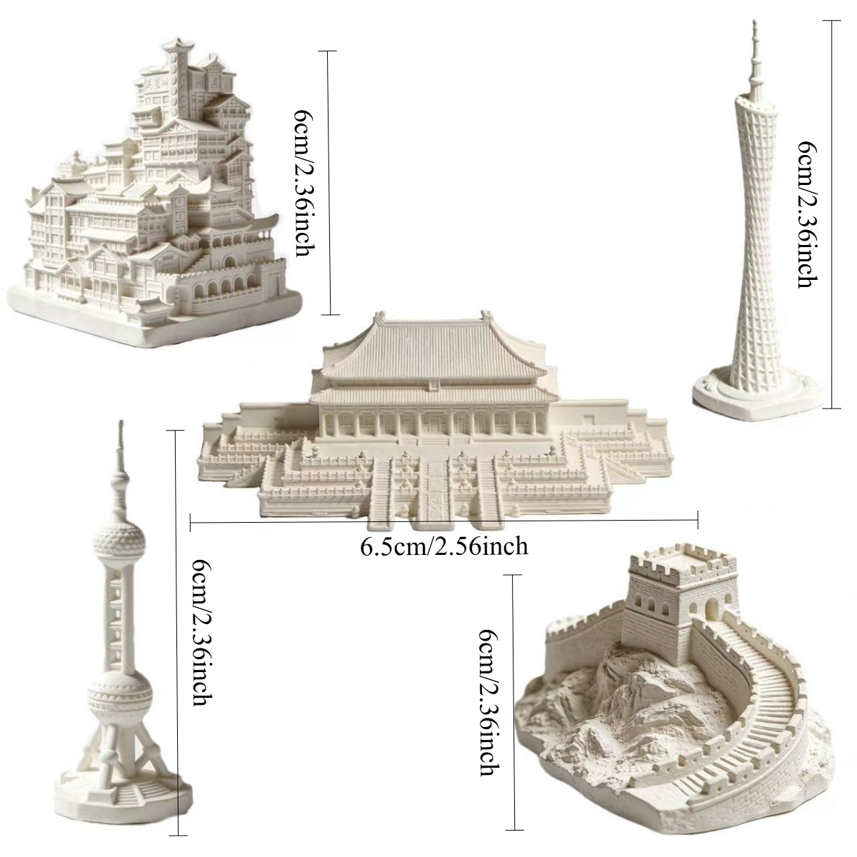 5pcs Landmark Building Statue, Pure White Plaster Architectural Sculpture, Famous Chinese City Landmark Figurine Ornament for Home Desktop Shelf Display, Art Craft Decor for Collection And Gift