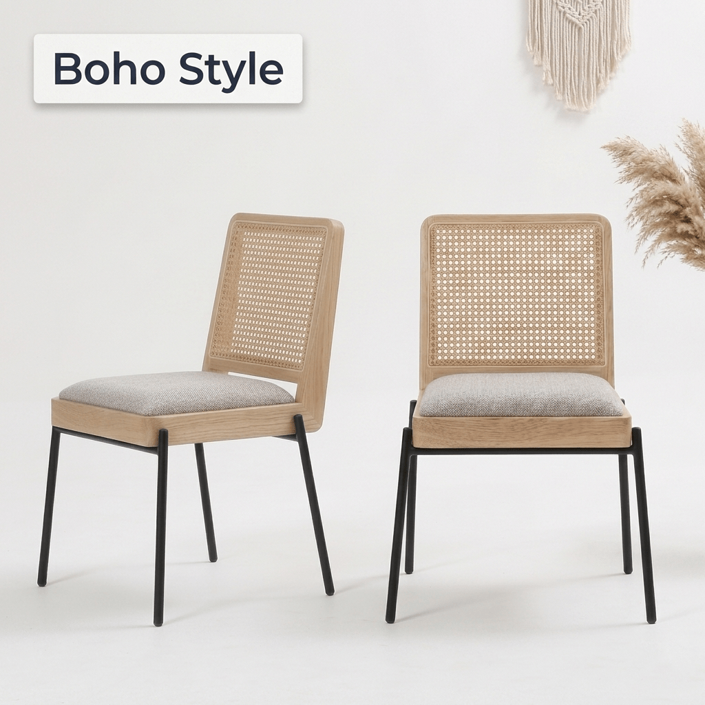 Mid Century Modern Boho Rattan Dining Chairs with Cushioned Seats & Padded Backrests - Upholstered Frame Suitable, Dining Table,, Bohemian Furniture, Assembly Required for Hard Floors