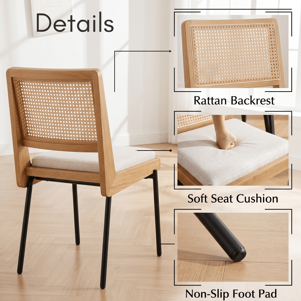 Mid Century Modern Boho Rattan Dining Chairs with Cushioned Seats & Padded Backrests - Upholstered Frame Suitable, Dining Table,, Bohemian Furniture, Assembly Required for Hard Floors