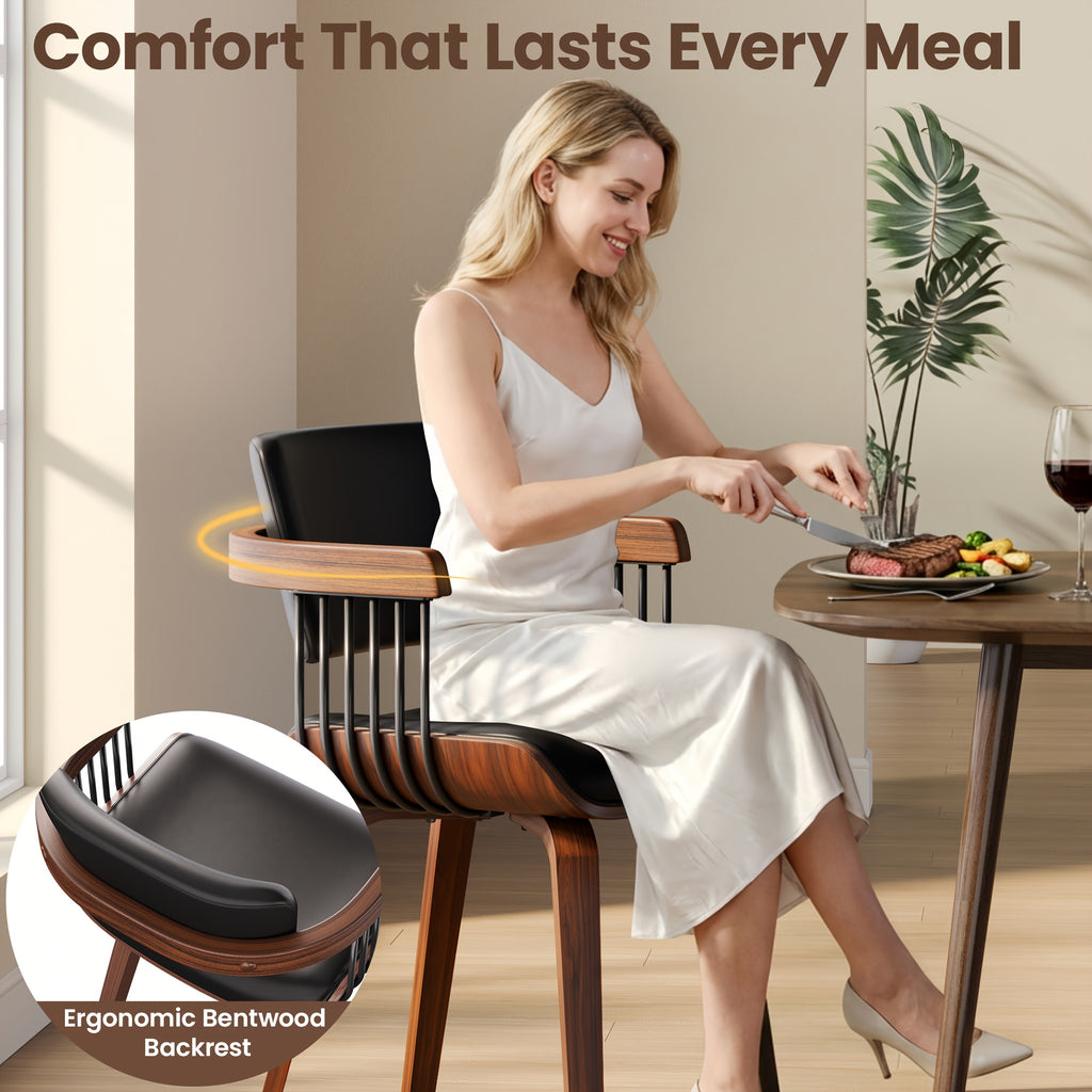 Two Ergonomic Wooden Dining Chairs, Curved Bentwood Backrest And Seat, High-Density Foam Cushion, Modern Semi-Armrest Kitchen Chair