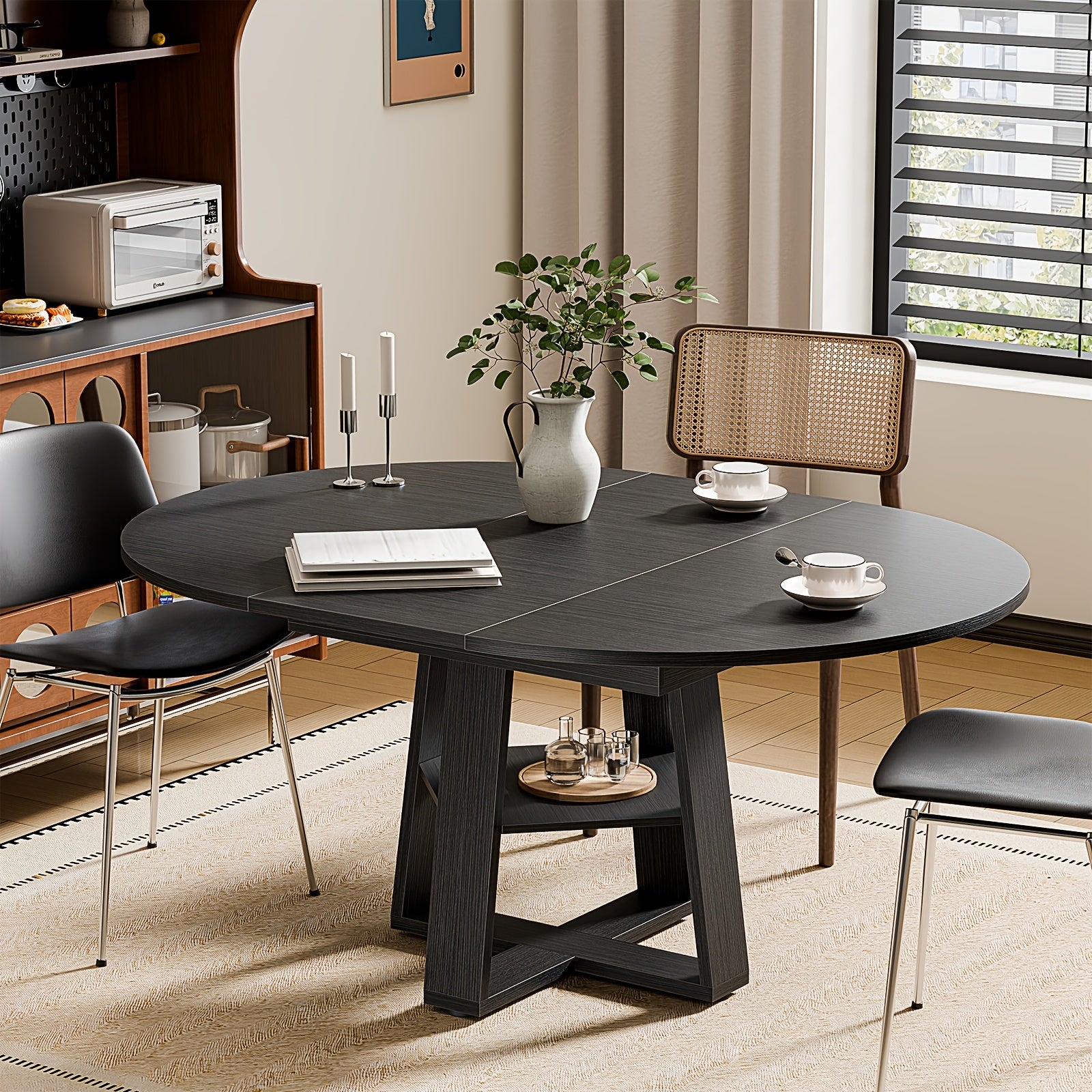 Extending Dining Table for 4 8, Space Saving with Storage Rack, Adjustable Oval Design for Kitchen And Living Room