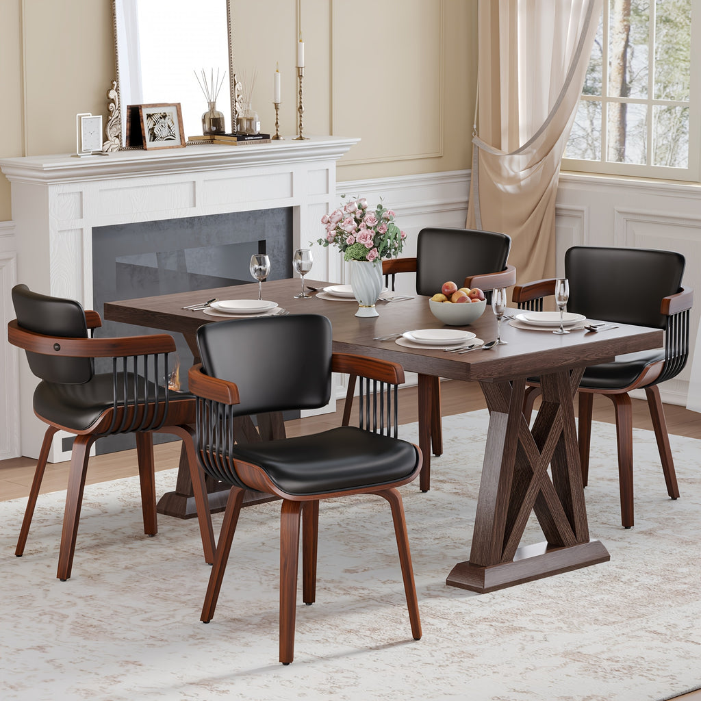 Two Ergonomic Wooden Dining Chairs, Curved Bentwood Backrest And Seat, High-Density Foam Cushion, Modern Semi-Armrest Kitchen Chair