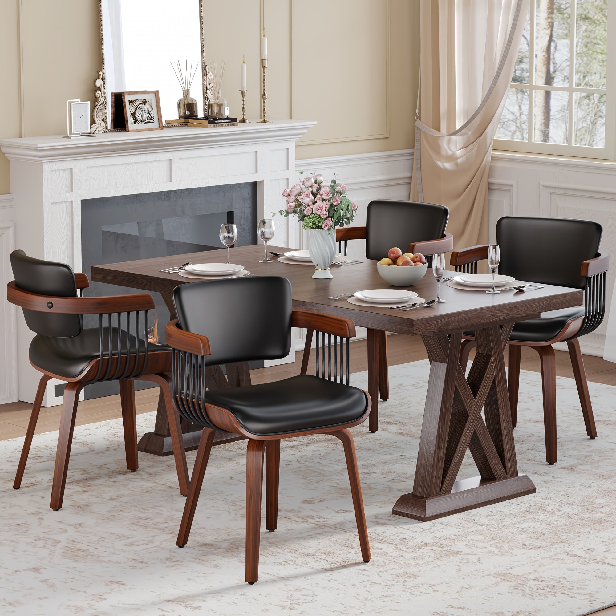 Two Ergonomic Wooden Dining Chairs, Curved Bentwood Backrest And Seat, High-Density Foam Cushion, Modern Semi-Armrest Kitchen Chair