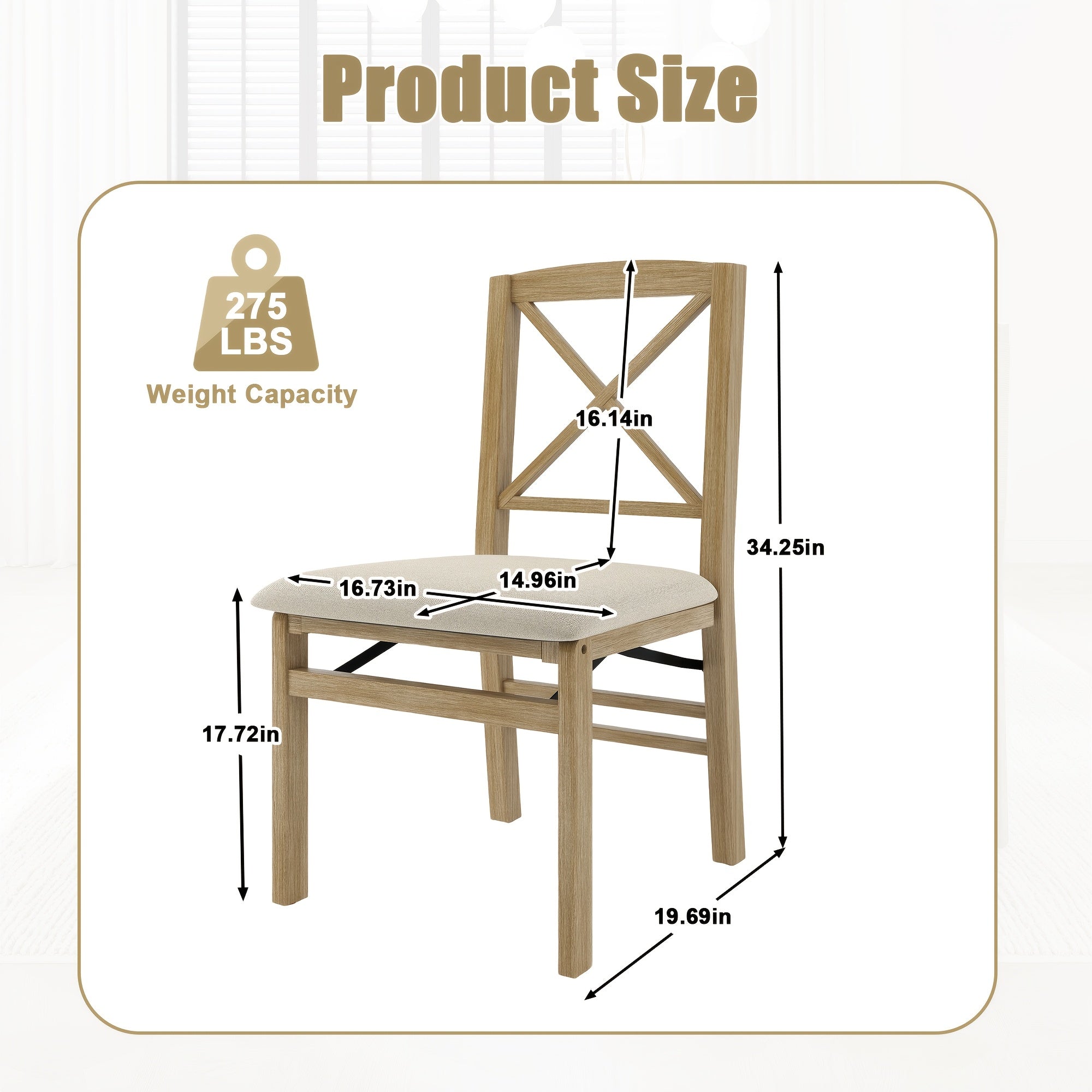 2pcs Scandinavian Style Foldable Dining Chair With Cushion | Household Dining Room Leisure Chair, Crossback Design, Linen Upholstery, Wood Color