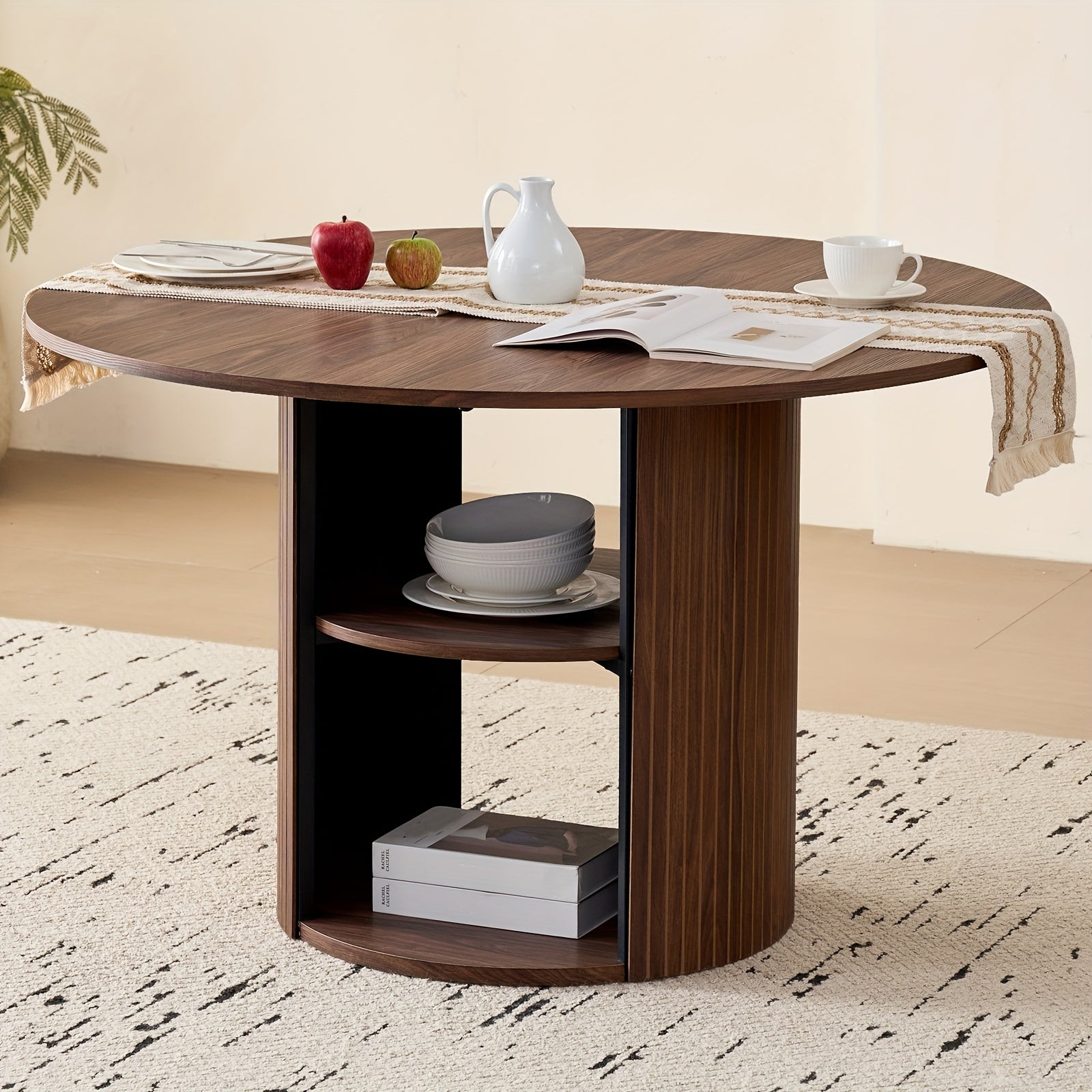 A 47-Inch Round Dining Table Suitable for Four People, Featuring a Modern Base And a Circular Design, Equipped with a Shelf for Storage, Ideal for Dining Rooms, Living Rooms, Homes, And Apartments
