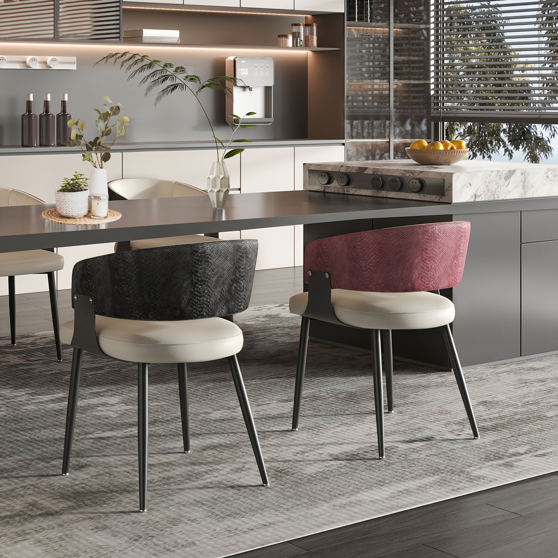 AESOME Mid-Century Dining Chairs Set of 2 Crocodile-Textured Back Upholstered Kitchen Chairs for Living Room Lounge, Luxury Microfiber Faux Leather Dining Room Chair, Easy Assembly (Chairs Solely)