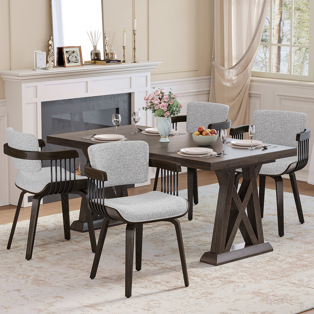 Two Ergonomic Wooden Dining Chairs, Curved Bentwood Backrest And Seat, High-Density Foam Cushion, Modern Semi-Armrest Kitchen Chair