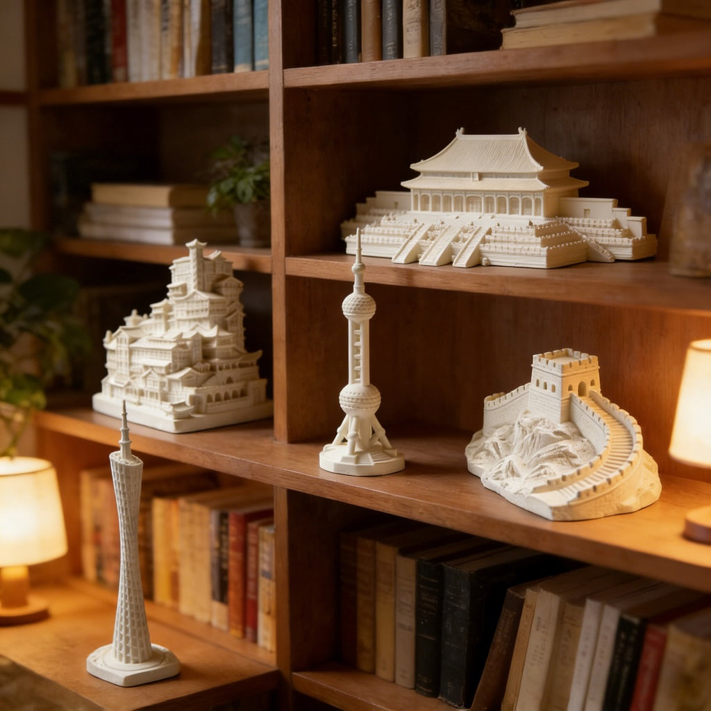 5pcs Landmark Building Statue, Pure White Plaster Architectural Sculpture, Famous Chinese City Landmark Figurine Ornament for Home Desktop Shelf Display, Art Craft Decor for Collection And Gift