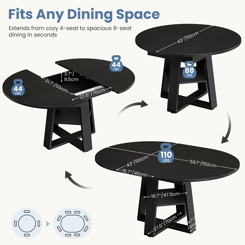 Extending Dining Table for 4 8, Space Saving with Storage Rack, Adjustable Oval Design for Kitchen And Living Room