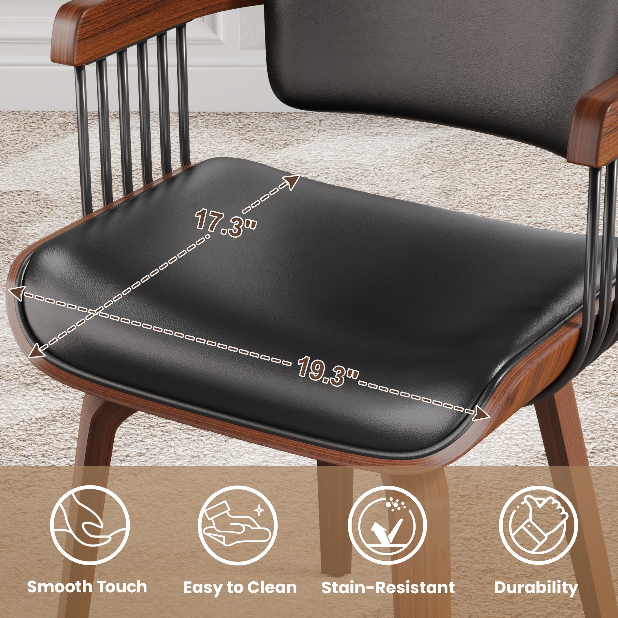 Two Ergonomic Wooden Dining Chairs, Curved Bentwood Backrest And Seat, High-Density Foam Cushion, Modern Semi-Armrest Kitchen Chair
