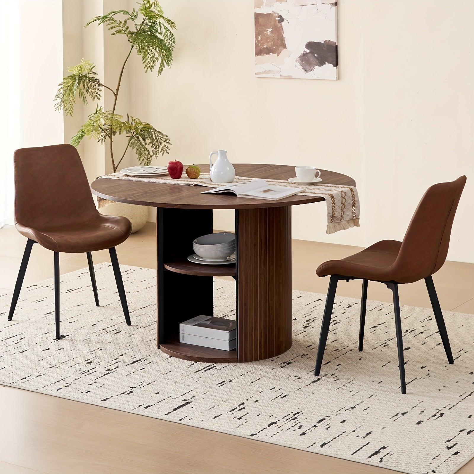 A 47-Inch Round Dining Table Suitable for Four People, Featuring a Modern Base And a Circular Design, Equipped with a Shelf for Storage, Ideal for Dining Rooms, Living Rooms, Homes, And Apartments
