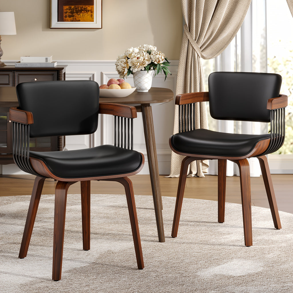 Two Ergonomic Wooden Dining Chairs, Curved Bentwood Backrest And Seat, High-Density Foam Cushion, Modern Semi-Armrest Kitchen Chair
