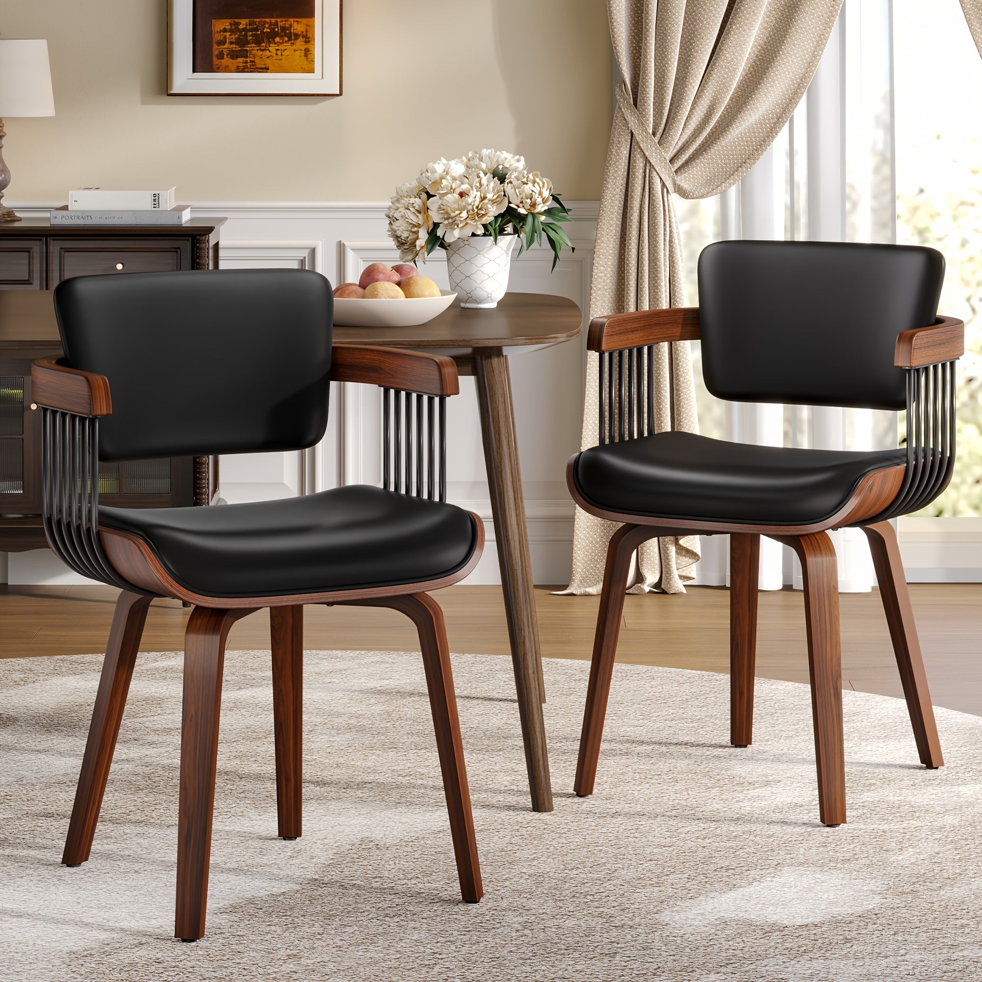 Two Ergonomic Wooden Dining Chairs, Curved Bentwood Backrest And Seat, High-Density Foam Cushion, Modern Semi-Armrest Kitchen Chair