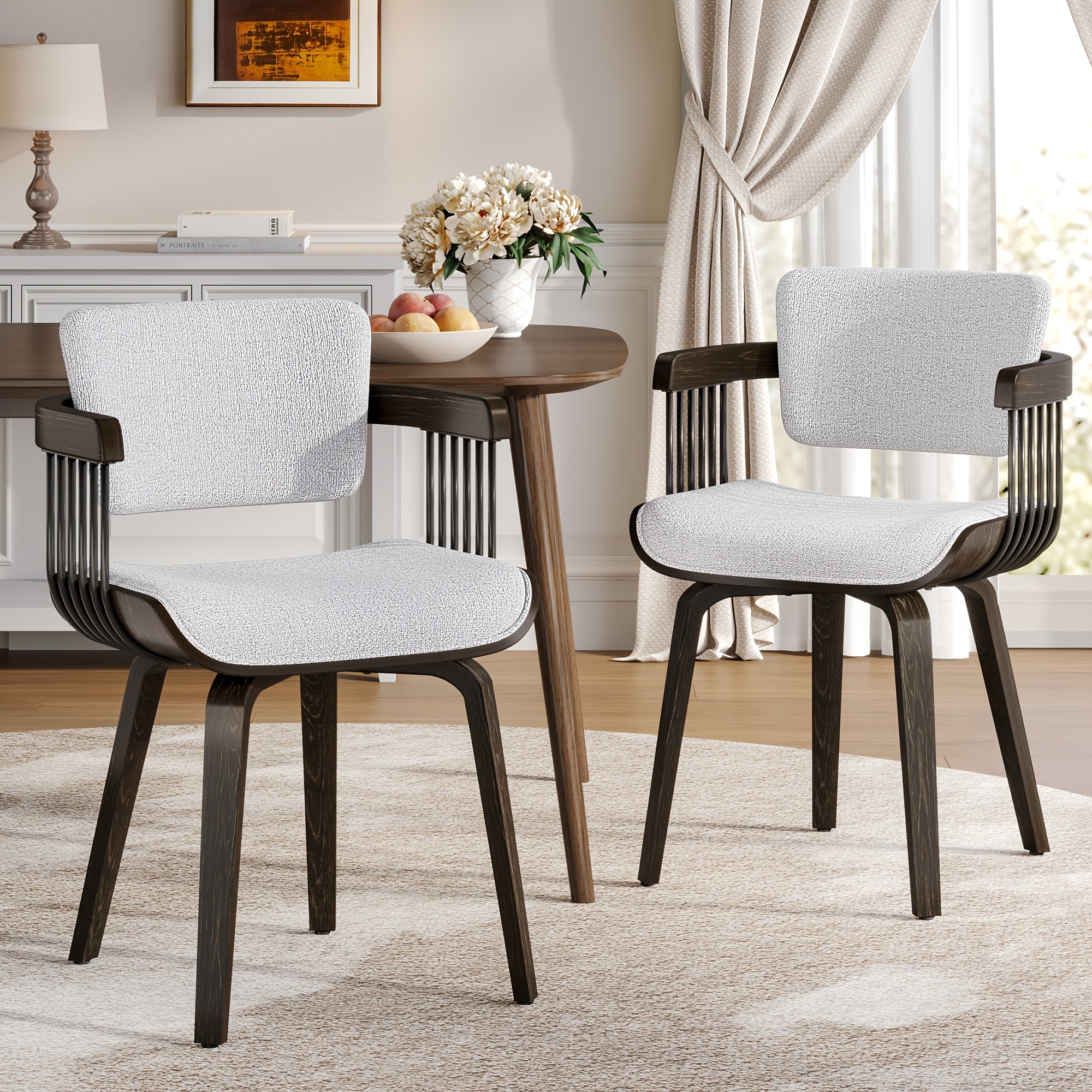 Two Ergonomic Wooden Dining Chairs, Curved Bentwood Backrest And Seat, High-Density Foam Cushion, Modern Semi-Armrest Kitchen Chair