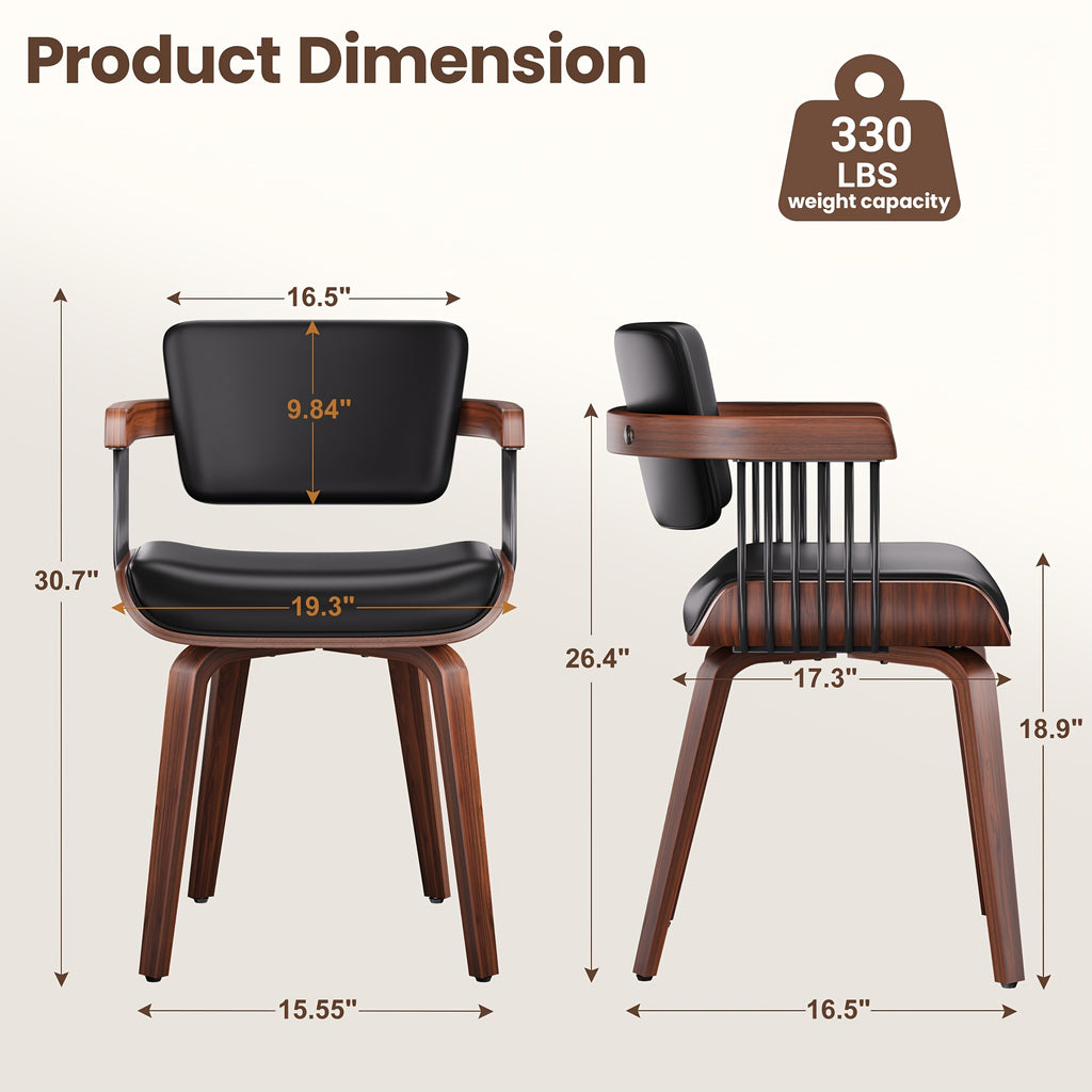 Two Ergonomic Wooden Dining Chairs, Curved Bentwood Backrest And Seat, High-Density Foam Cushion, Modern Semi-Armrest Kitchen Chair