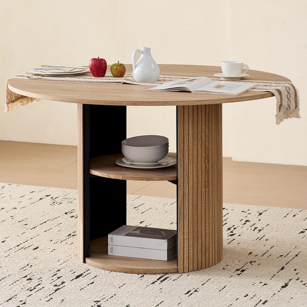 A 47-Inch Round Dining Table Suitable for Four People, Featuring a Modern Base And a Circular Design, Equipped with a Shelf for Storage, Ideal for Dining Rooms, Living Rooms, Homes, And Apartments