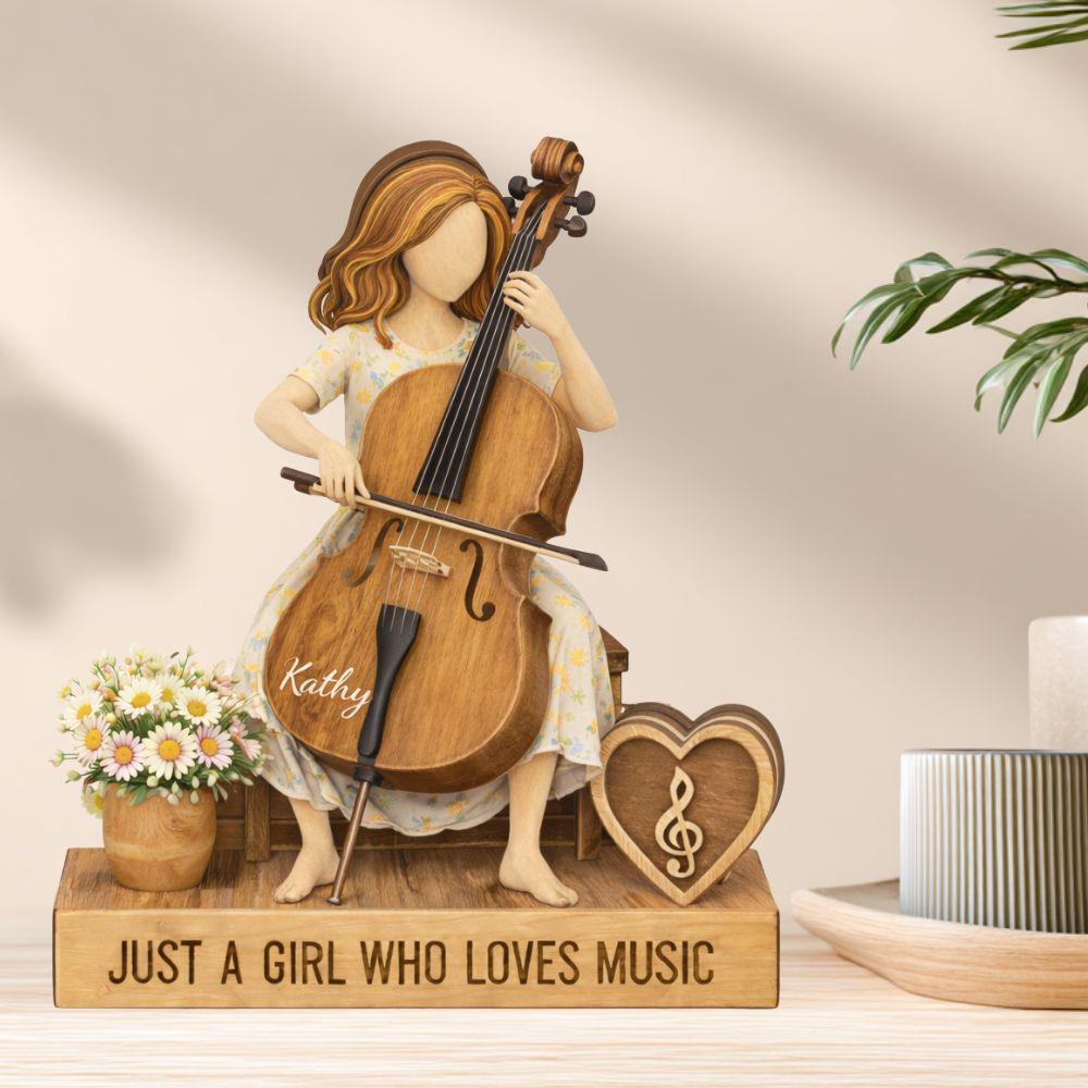 Personalized Cello Girl Wooden Block Figurine, Cello Player Gift For Daughter, Cello Lover Gift, Just A Girl Love Music Room Display Decor