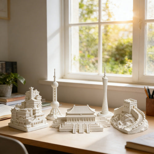 5pcs Landmark Building Statue, Pure White Plaster Architectural Sculpture, Famous Chinese City Landmark Figurine Ornament for Home Desktop Shelf Display, Art Craft Decor for Collection And Gift