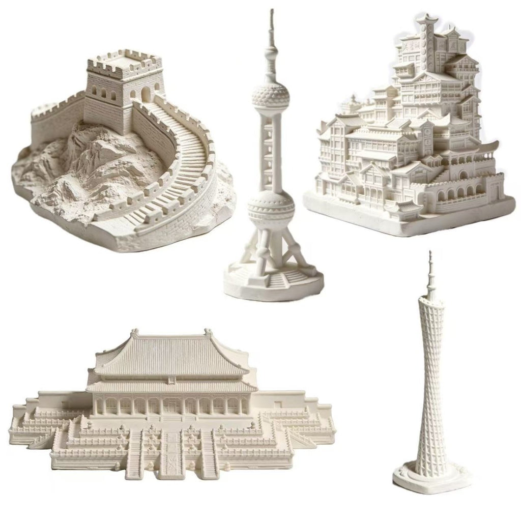 5pcs Landmark Building Statue, Pure White Plaster Architectural Sculpture, Famous Chinese City Landmark Figurine Ornament for Home Desktop Shelf Display, Art Craft Decor for Collection And Gift