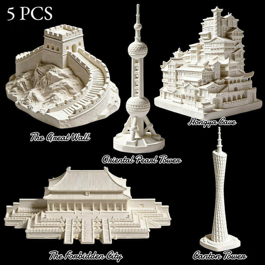 5pcs Landmark Building Statue, Pure White Plaster Architectural Sculpture, Famous Chinese City Landmark Figurine Ornament for Home Desktop Shelf Display, Art Craft Decor for Collection And Gift
