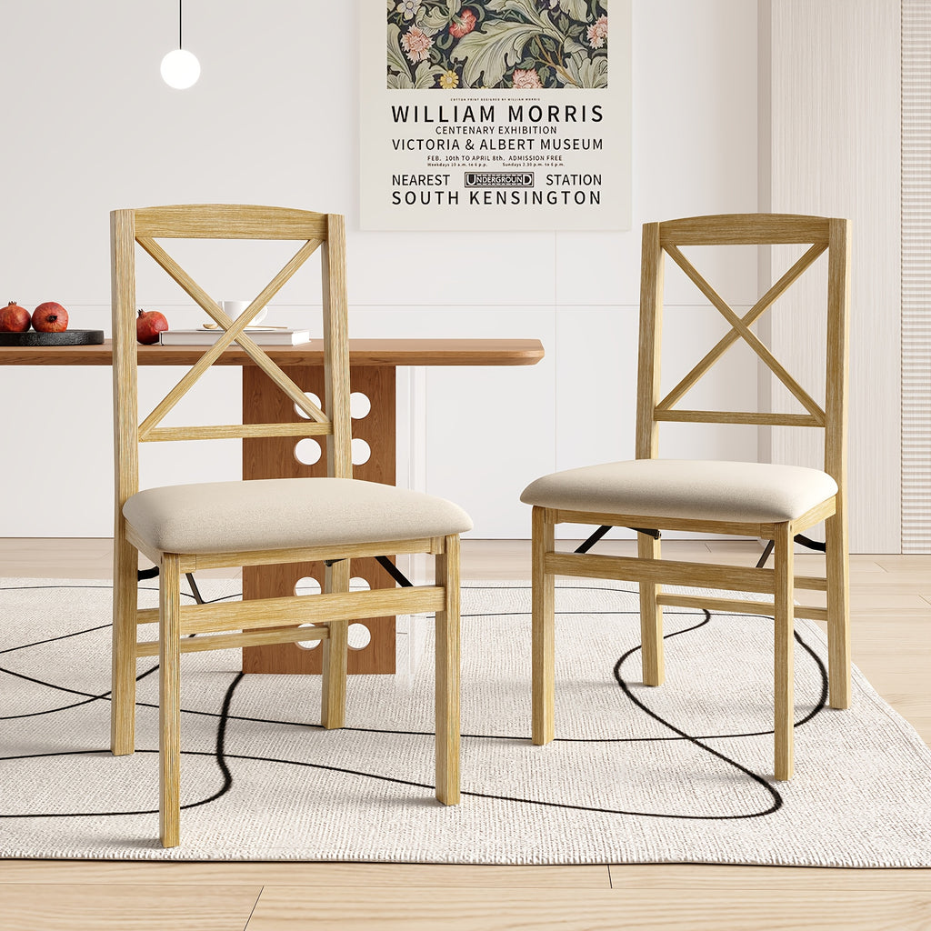 2pcs Scandinavian Style Foldable Dining Chair With Cushion | Household Dining Room Leisure Chair, Crossback Design, Linen Upholstery, Wood Color
