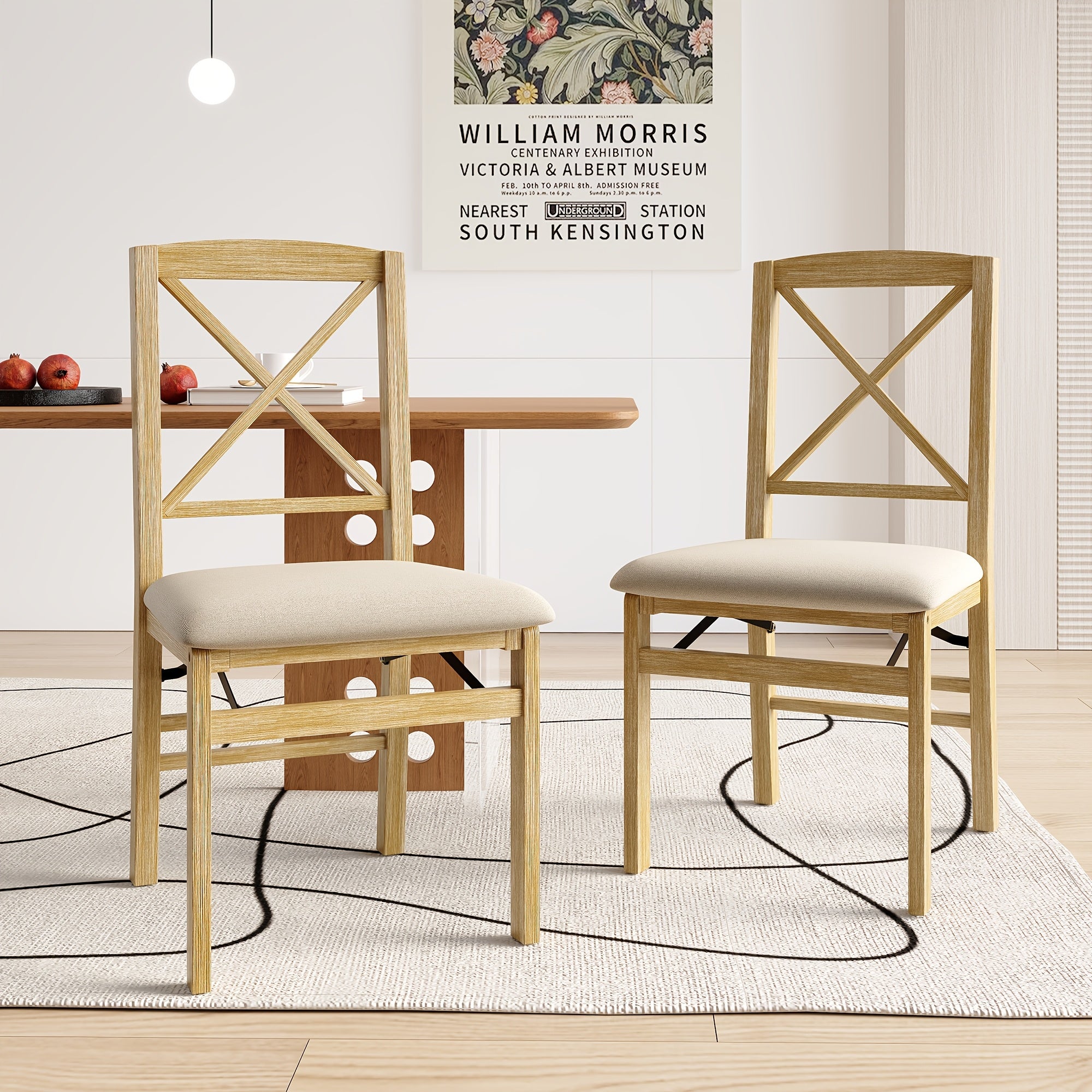 2pcs Scandinavian Style Foldable Dining Chair With Cushion | Household Dining Room Leisure Chair, Crossback Design, Linen Upholstery, Wood Color