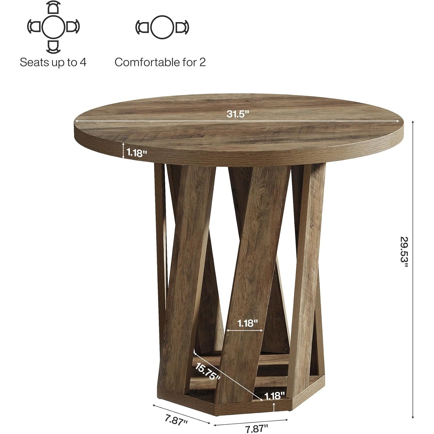 31.5-Inch Small Round Dining Table in Rustic Brown - A Farmhouse Style Wooden Circle Table for 2 to 4 Individuals, Ideal Compact Furniture for Dining Areas, Kitchens, And Living Rooms