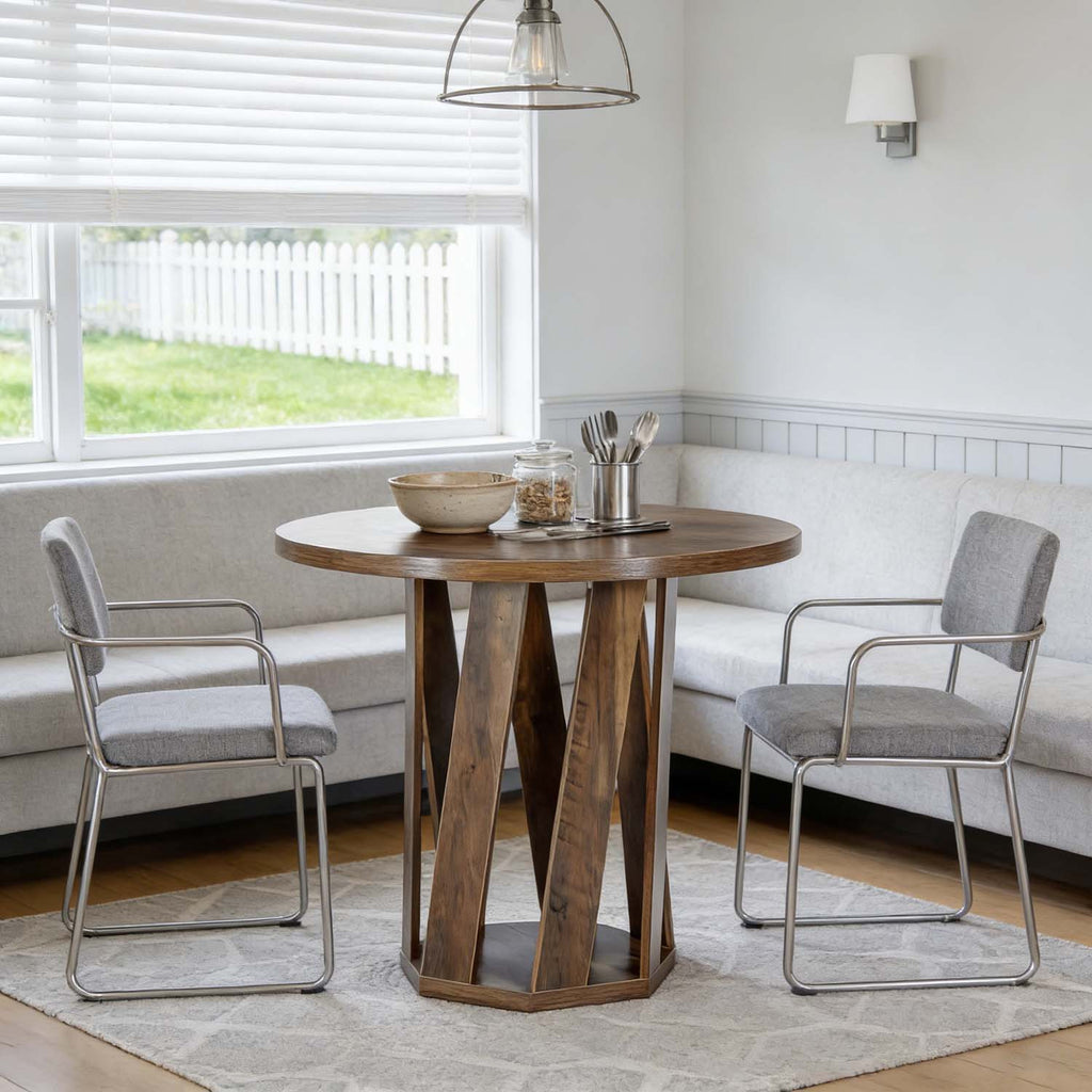 31.5-Inch Small Round Dining Table in Rustic Brown - A Farmhouse Style Wooden Circle Table for 2 to 4 Individuals, Ideal Compact Furniture for Dining Areas, Kitchens, And Living Rooms
