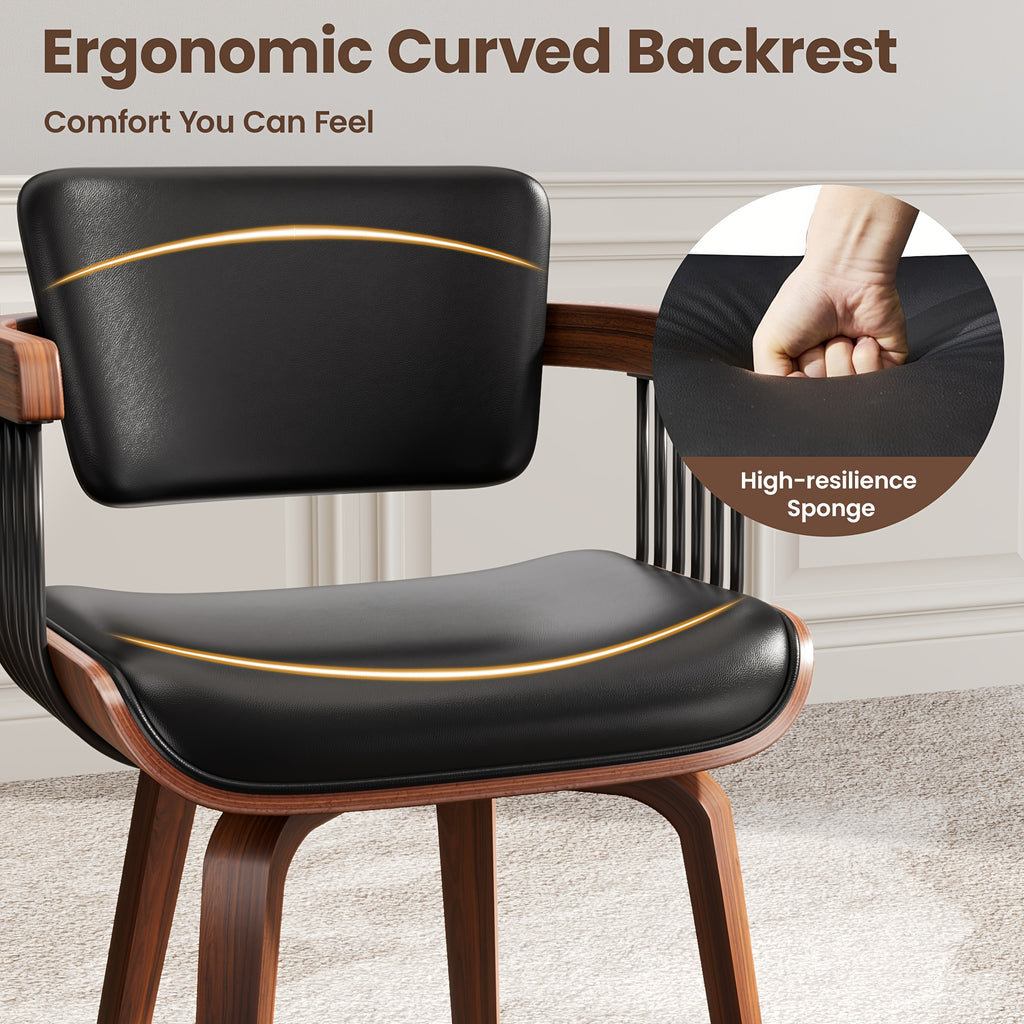 Two Ergonomic Wooden Dining Chairs, Curved Bentwood Backrest And Seat, High-Density Foam Cushion, Modern Semi-Armrest Kitchen Chair